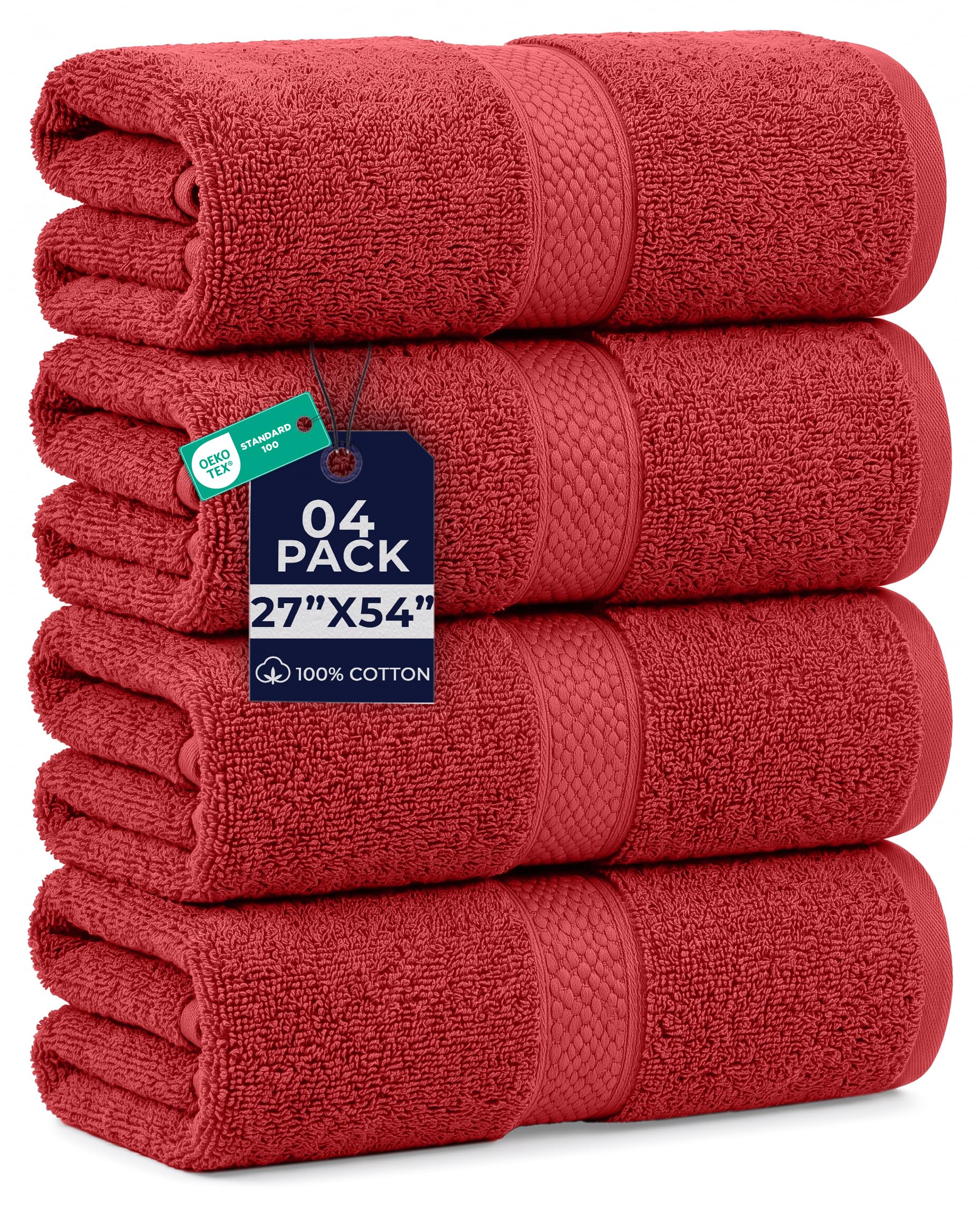 DAN RIVER 600 GSM Cotton Large Bath Towels Set of 4, 27 x 54 Inches, Red