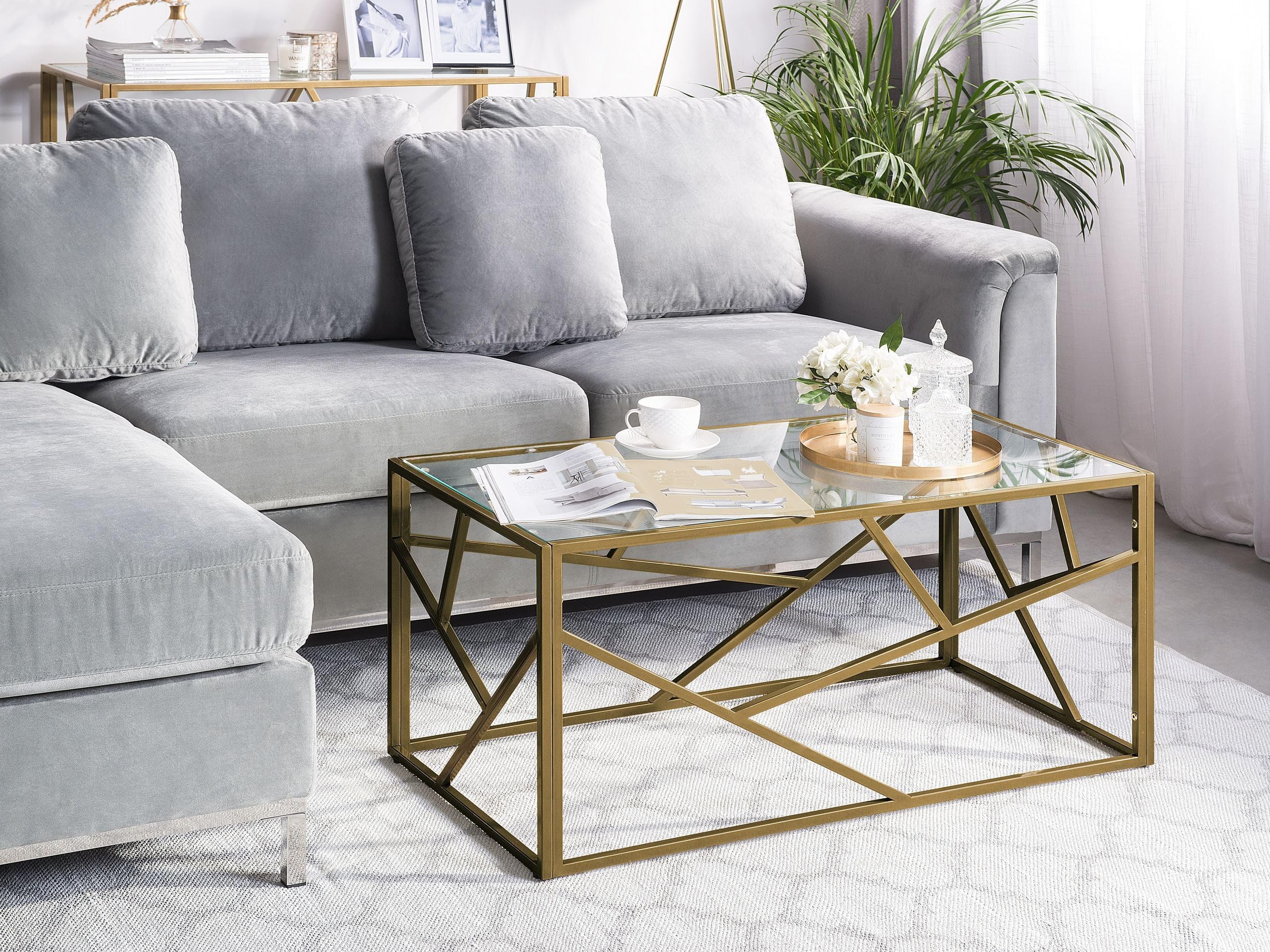 Couchtisch Glastisch mit Metallgestell golden 50 x 100 cm Glamour Kaffeetisch rechteckiger Wohnzimmertisch Orland