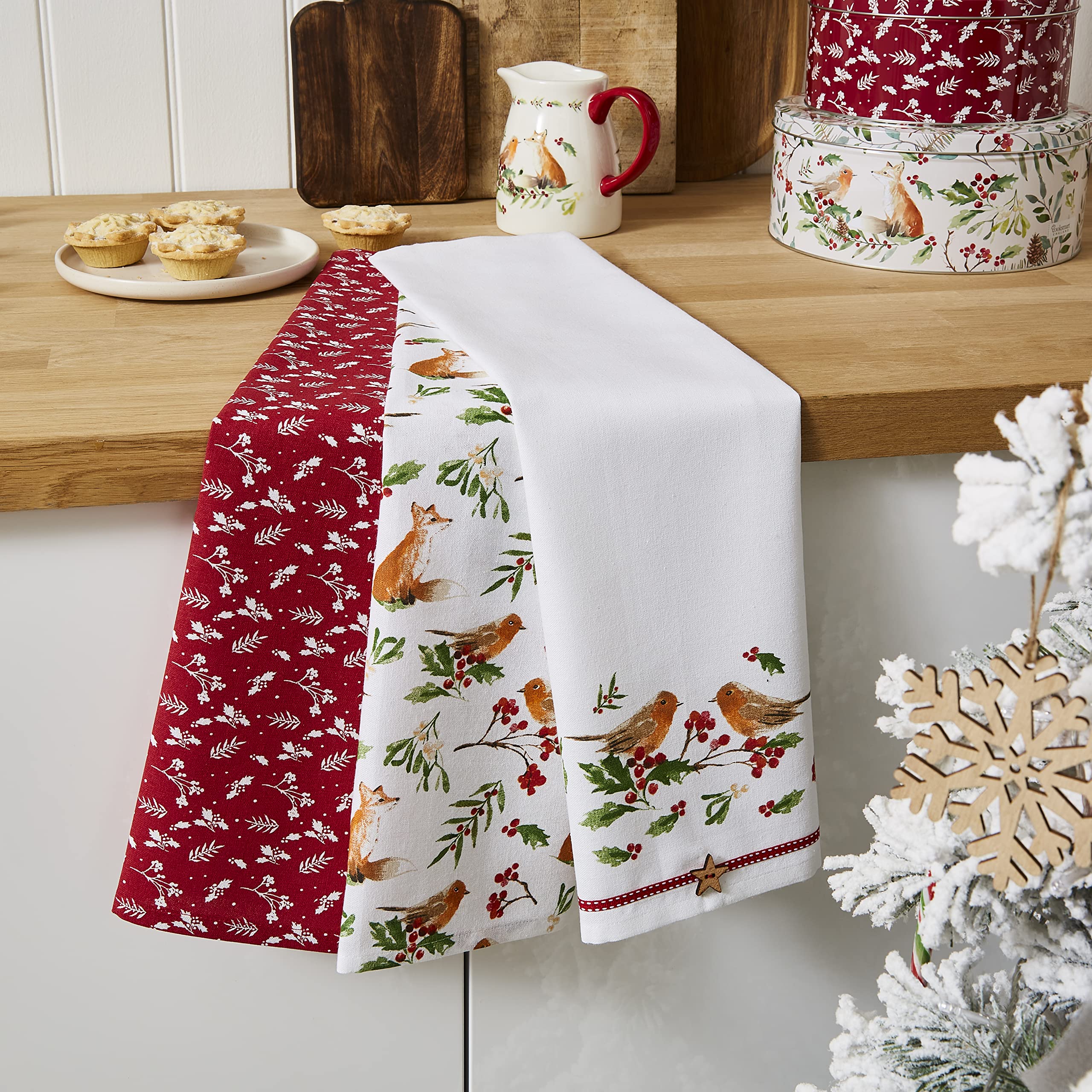 Set Torchons Et Emporte-Pièce De Noël Cooksmart - Design Britannique, 100% Coton, Pour Décoration Festive