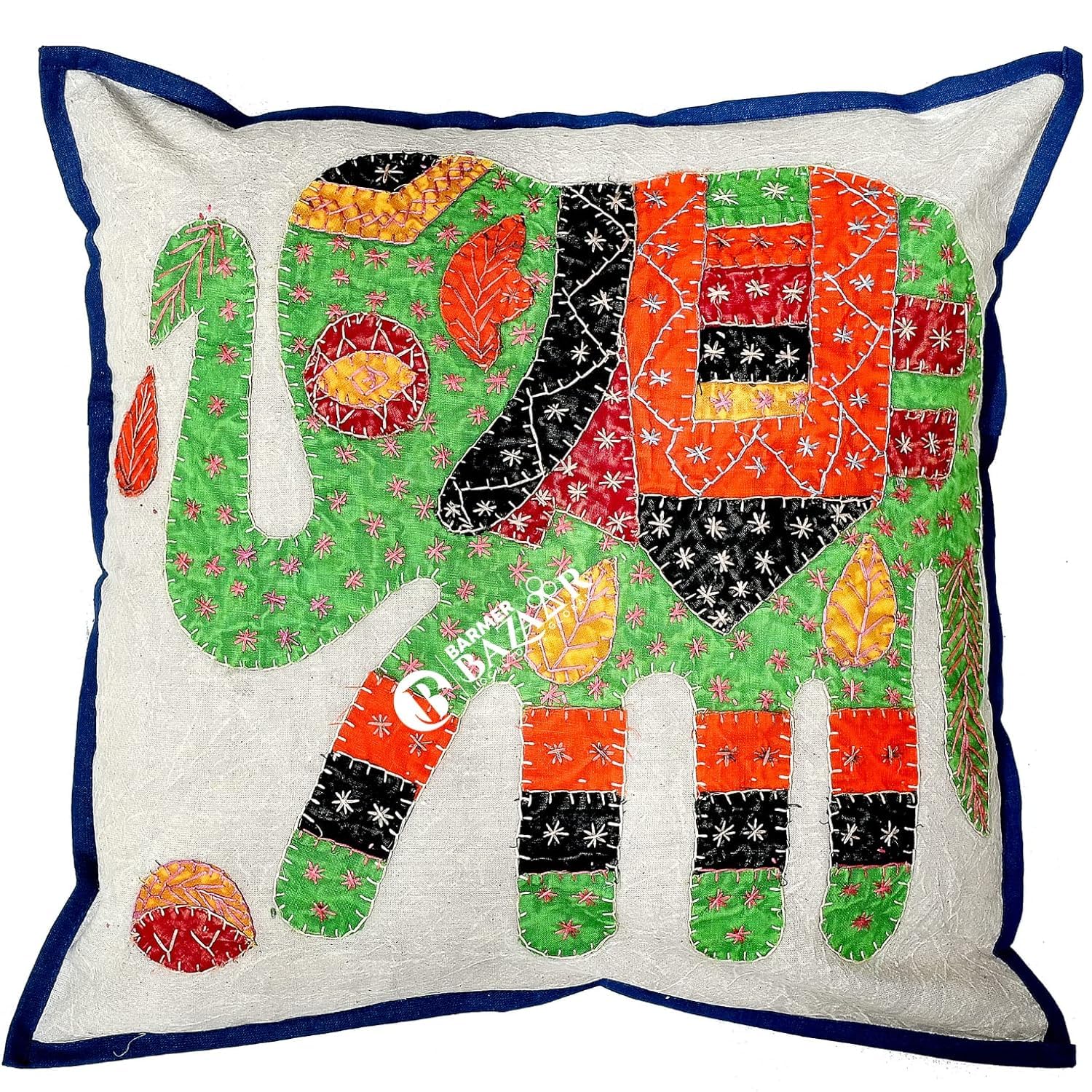 BARMER BAZAARElephant Patch Work Hand Stitched Cushion Cover without Cushion Filler 16 x 16 Inches (Green)