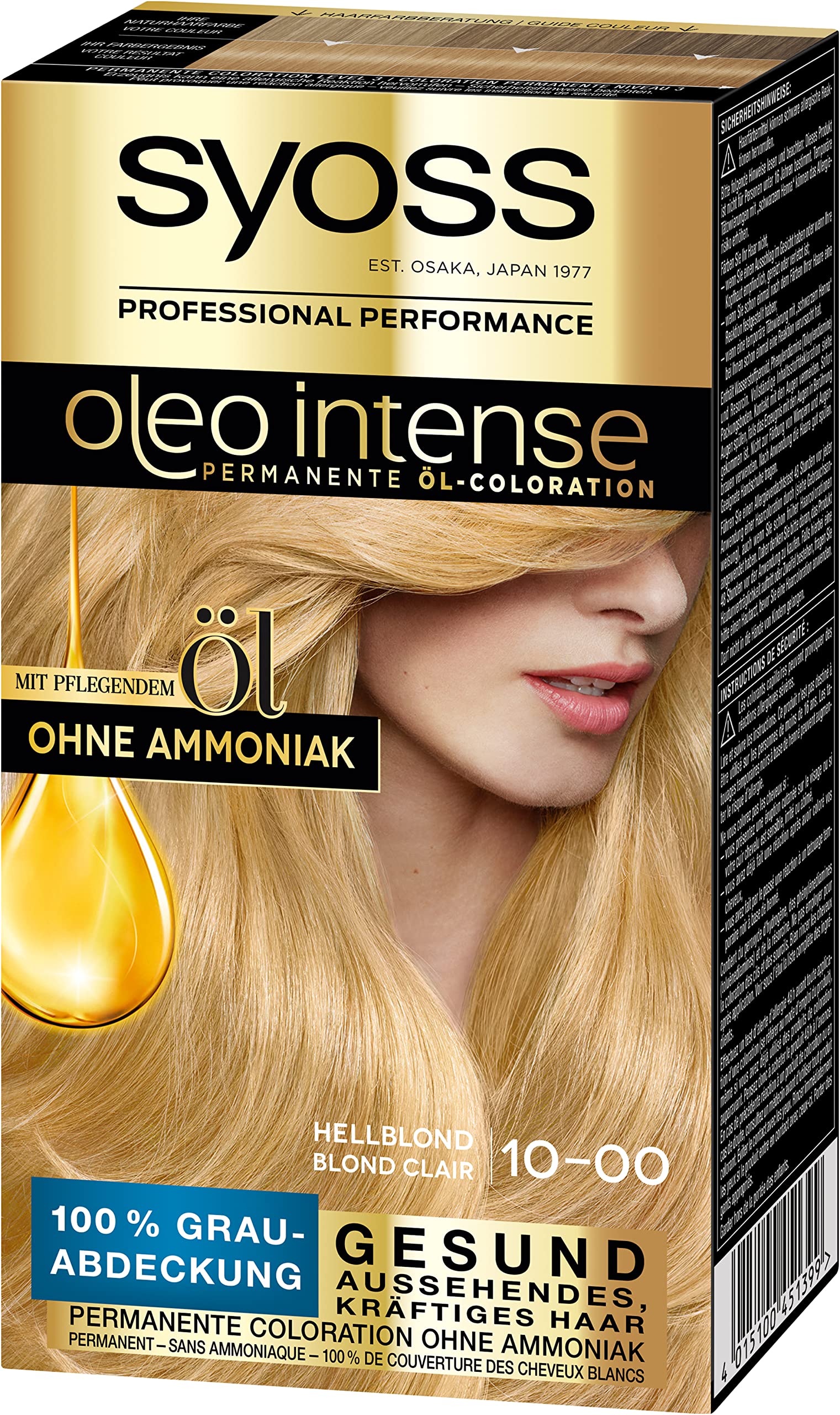 Syoss Oleo Intense Öl-Coloration 10-00 Hellblond Stufe 3 (3 x 115 ml), dauerhafte Haarfarbe mit pflegendem Öl, Coloration ohne Ammoniak