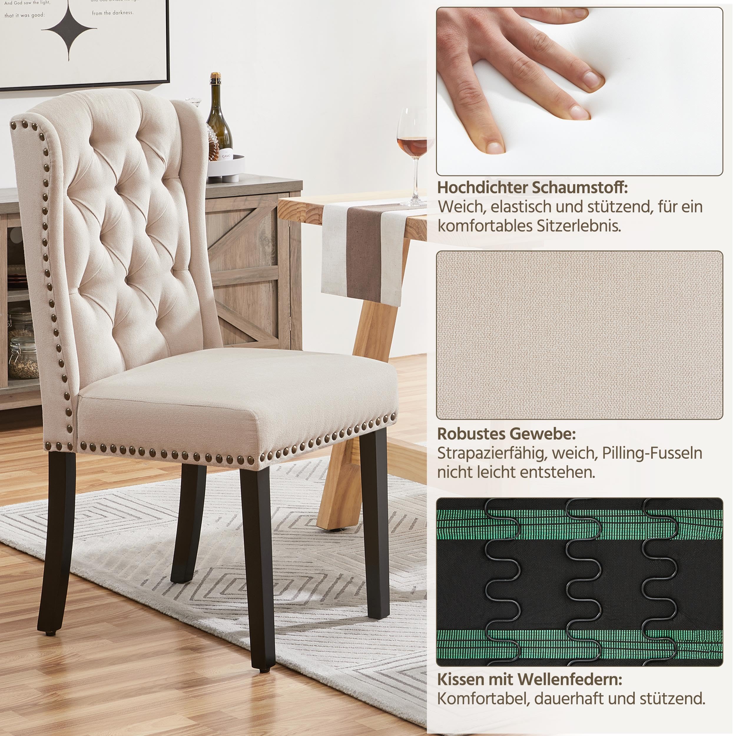 Yaheetech 2-er Set Küchenstuhl mit Flügelförmigen Rückenlehne, Polsterstuhl Esszimmerstuhl bis 140 kg Belastbar fürs Esszimmer/Küche/Wohnzimmer/Schlafzimmer, beige