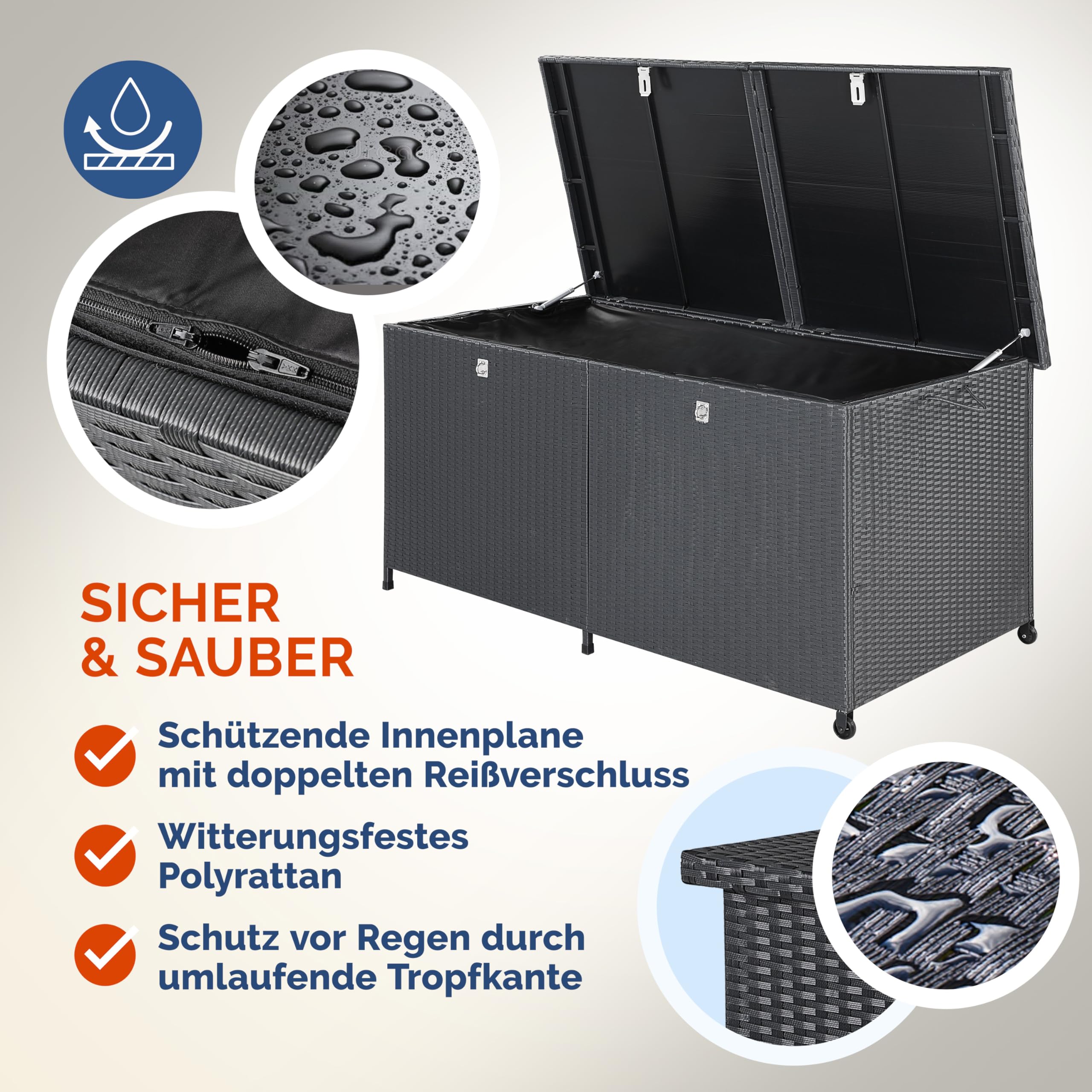 Casaria® Gartenbox XXL Polyrattan Wetterfest 625L UV-beständig Griffe Rollen Gasdruckfeder Garten Wintergarten Auflagenbox Kissenbox 150x77cm Schwarz