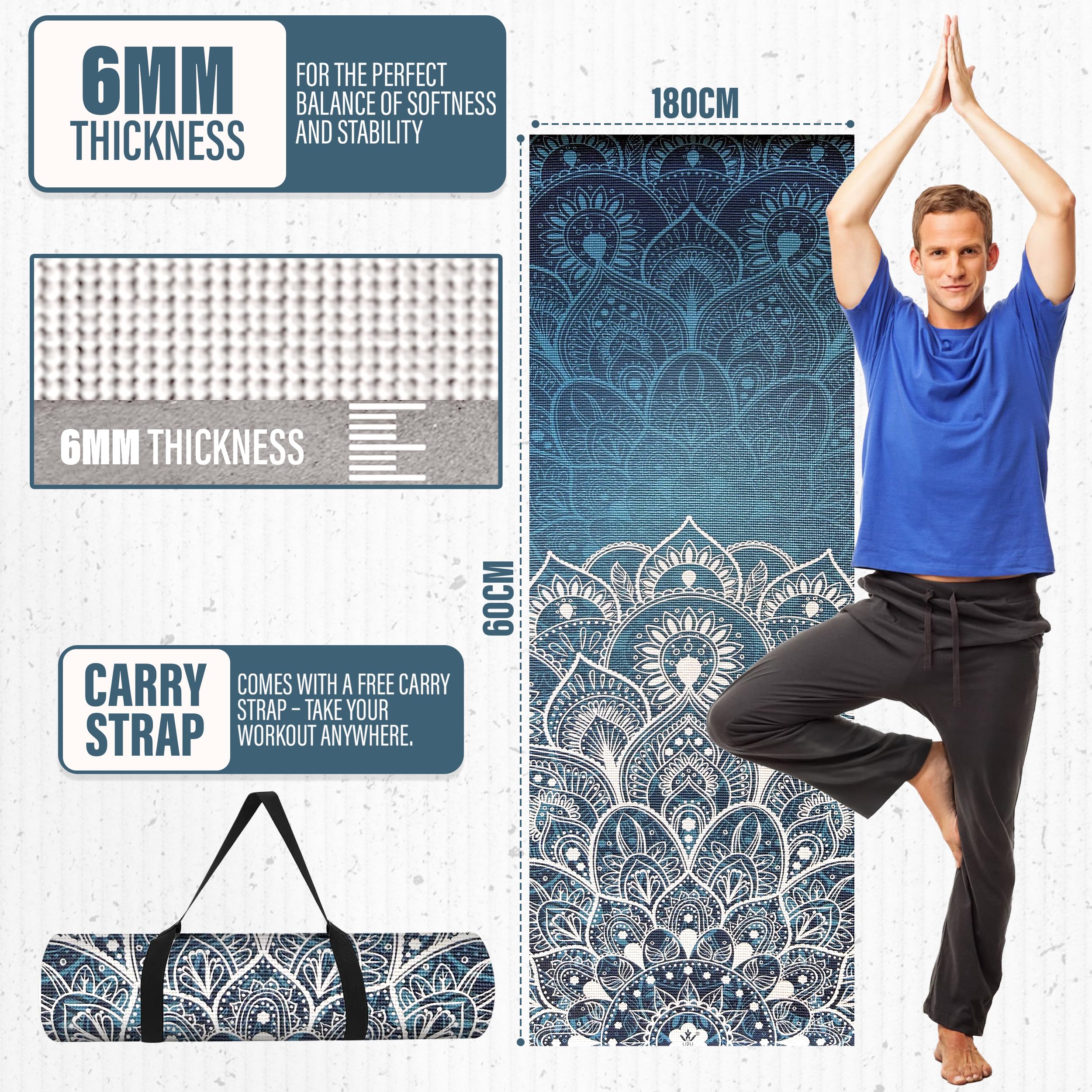 TechFit Tappetino Yoga Pilates Antiscivolo 173x61cm Spessore 0,6cm in PVC con Tracolla, Design Mandala, Materassino Fitness Palestra Morbido Resistente
