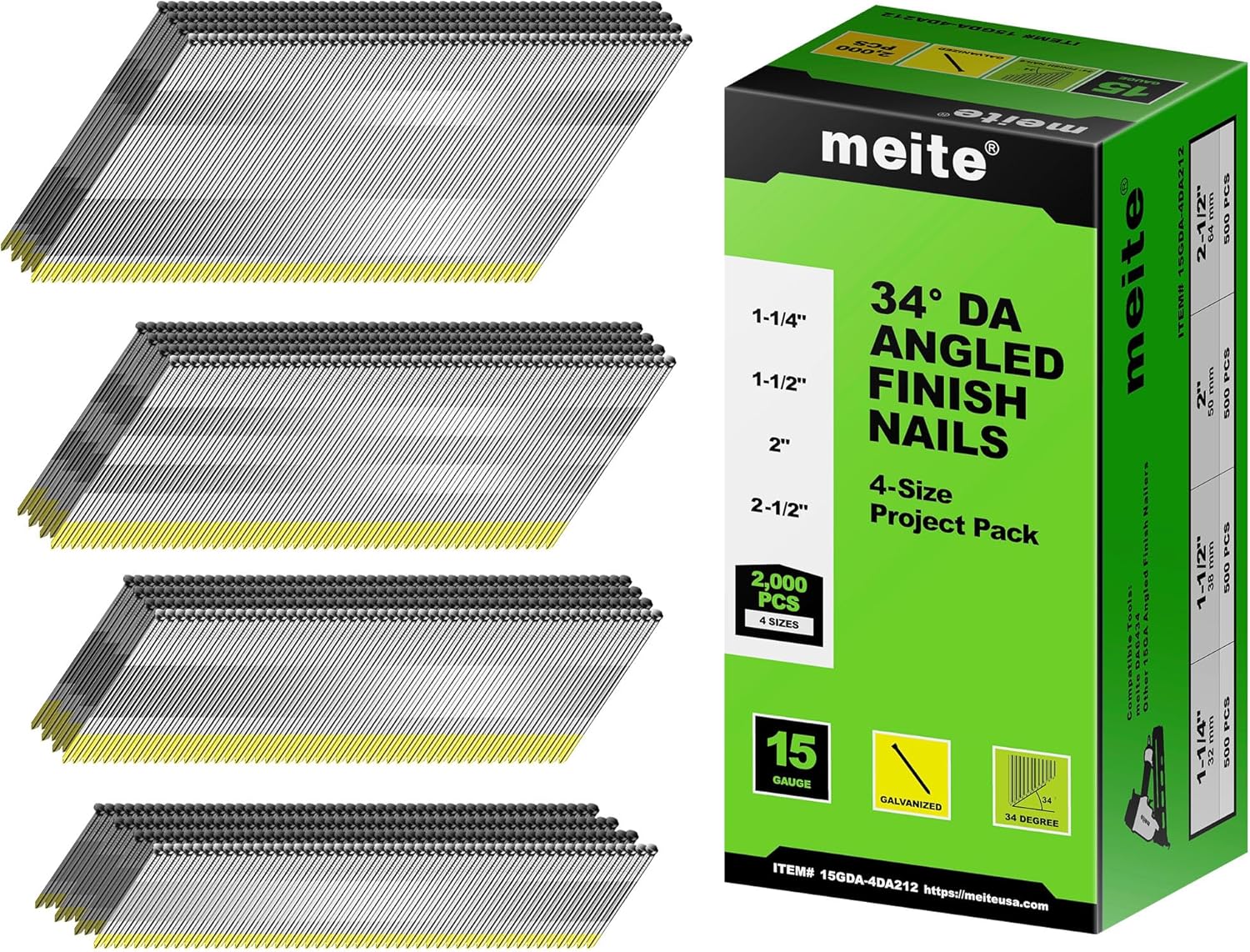 meite 15 Gauge 34 Degree Angled Finish Nails Set for Pneumatic Cordless Finish Nailer Gun, Galvanized DA-Style Nails for Baseboards Crown Molding 2,000PCS (1-1/4'', 1-1/2'', 2'', 2-1/2'', Each 500PCS)
