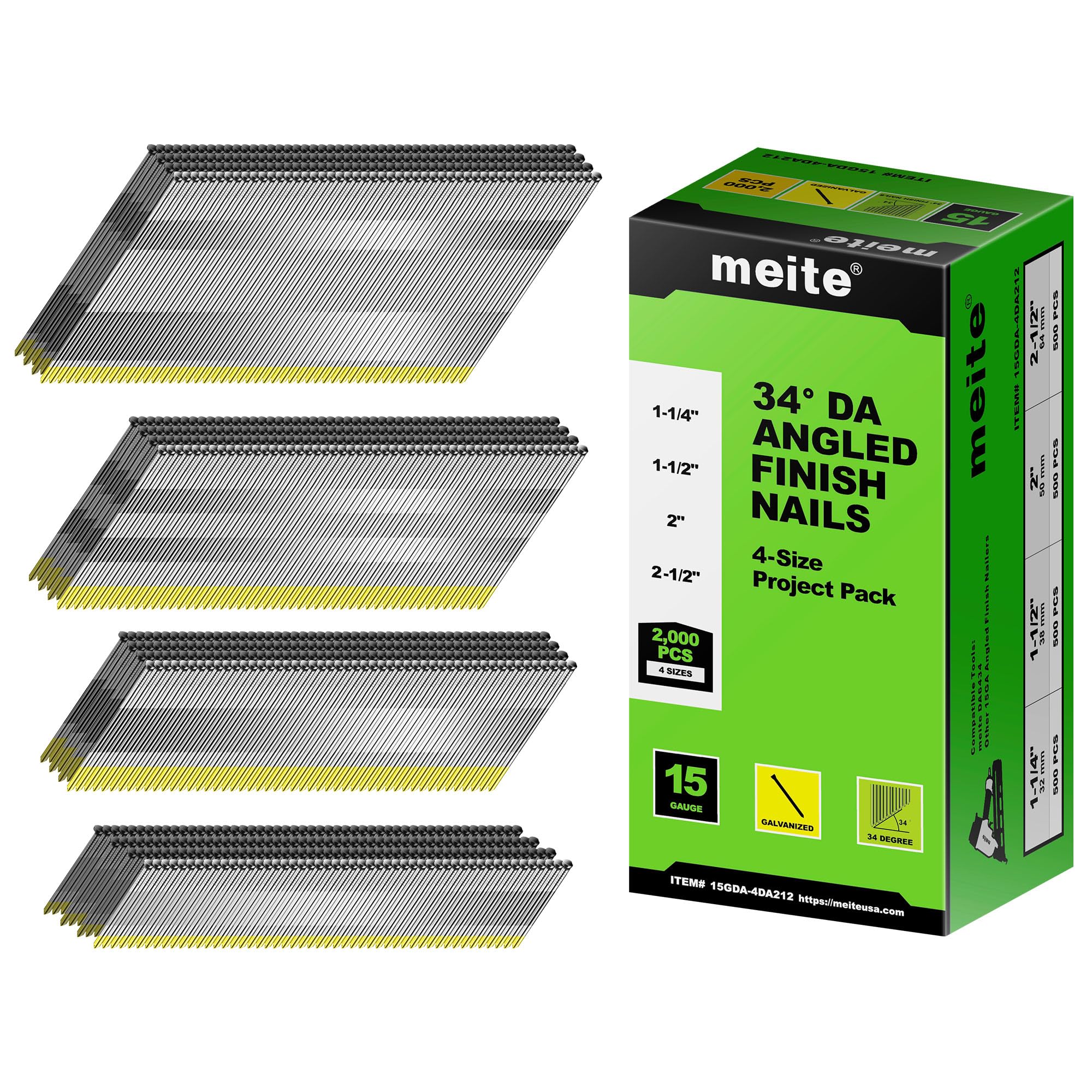 meite Type 15G Galvanised 34° Angled Finish Nails 4 Sizes 32-64 mm 2000 Pcs