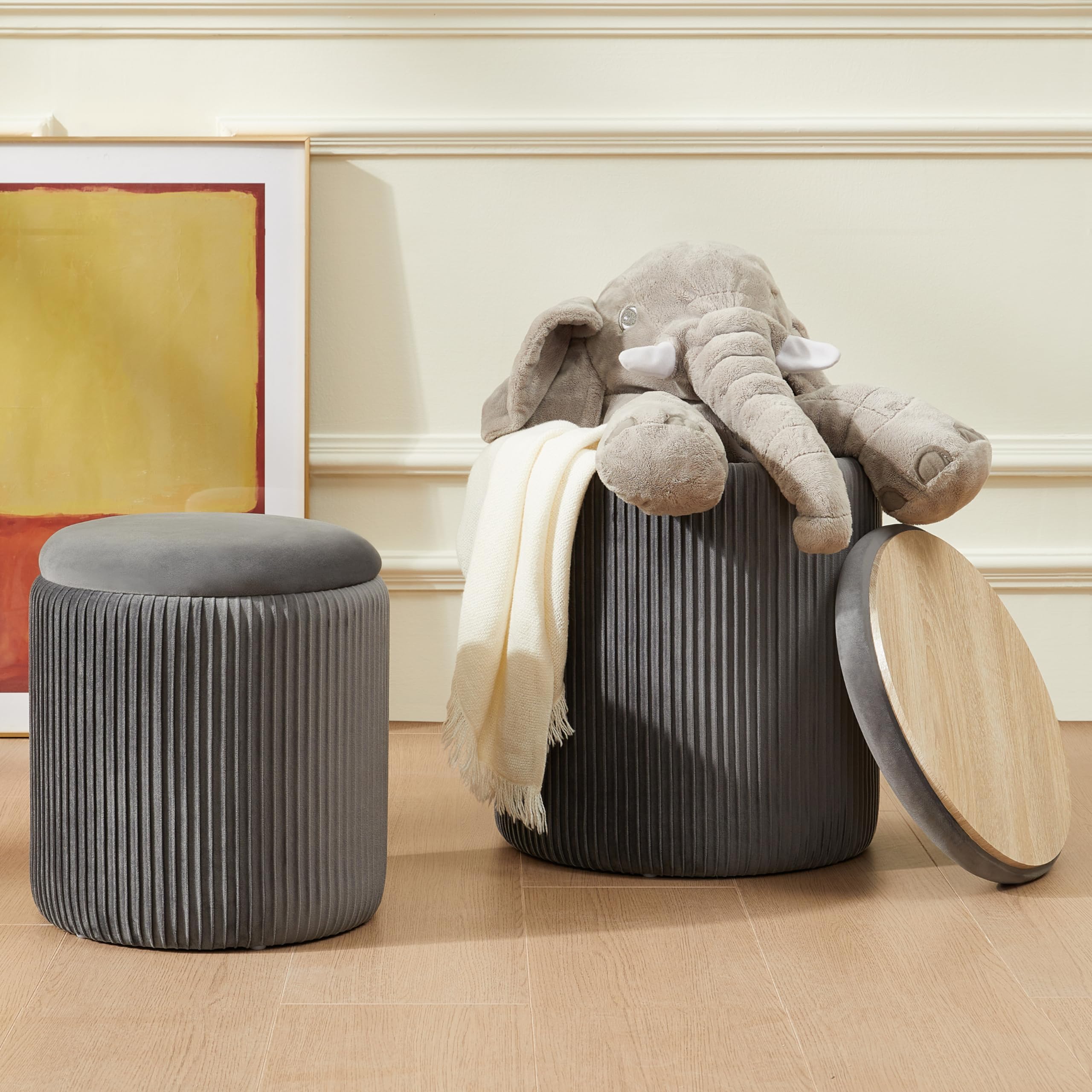 Grey Round Ottoman with Storage Footrest Set of 2 Multifunctional Upholstered Velvet Vanity Stools for Makeup Ottoman Coffee Table Padded Seat for Living Room & Bedroom(Grey,Crease Lines)