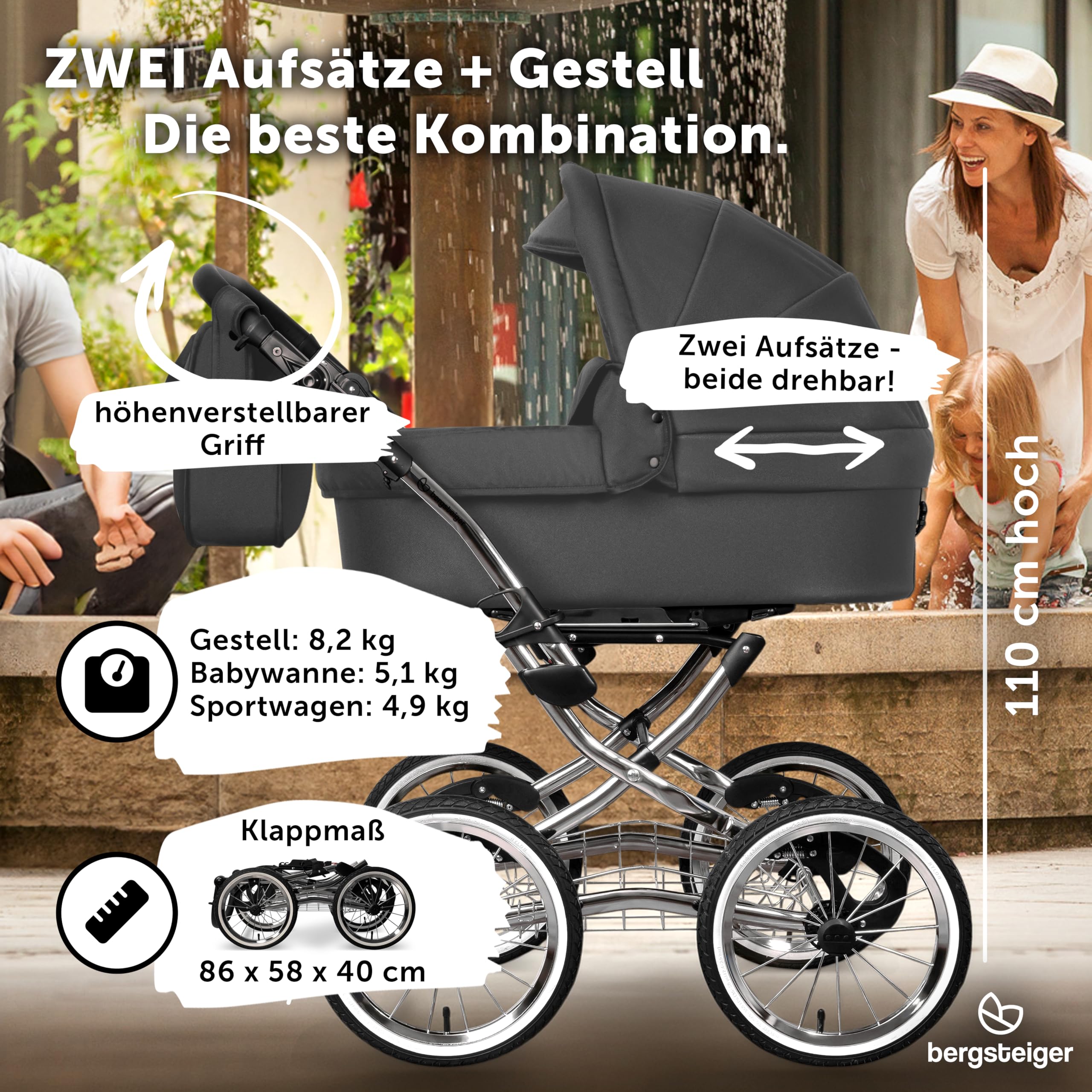 Bergsteiger Venedig Nostalgie Kombikinderwagen 2-in-1 Babywanne | Komfortabler Buggy ab Geburt bis 22 kg mit 14 Zoll Luftreifen Rahmenfederung verstellbarem Griff und Wickeltasche