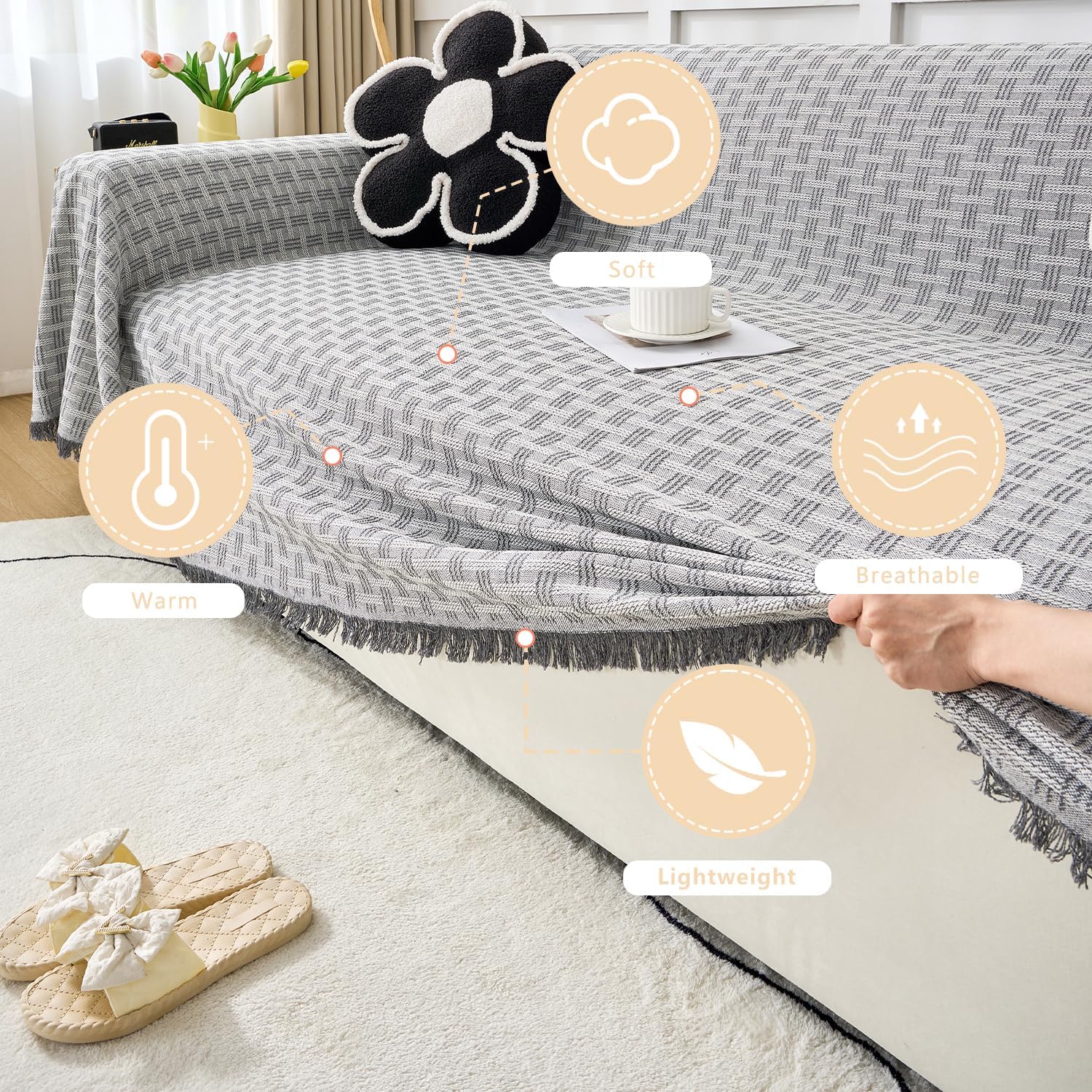 Grey Couch Cover Blanket Cute Geometrical Jacquard Washable Sofa Cover for Extra Large Furniture for 3 Cushion Sofa L Shaped Sectional Couch Blanket 71"x 134"