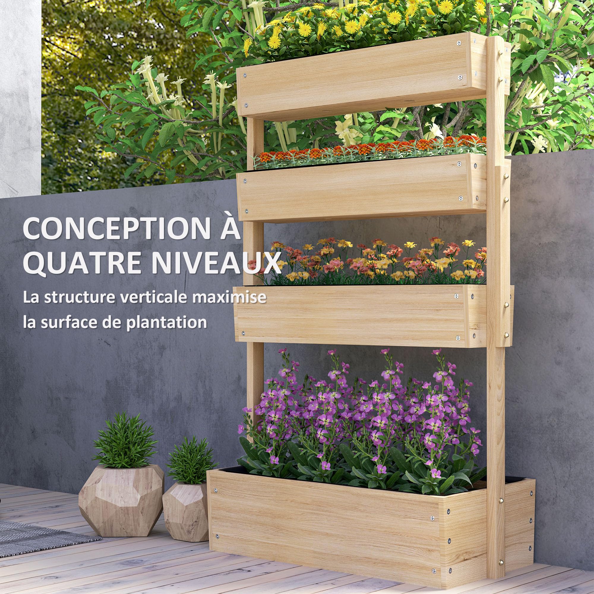 Outsunny Jardinière Surélevée en Bois avec 4 Étages, Doublure, Bois Naturel | Escalier de Fleurs, Trous de Drainage, pour Terrasse, Balcon et Jardin
