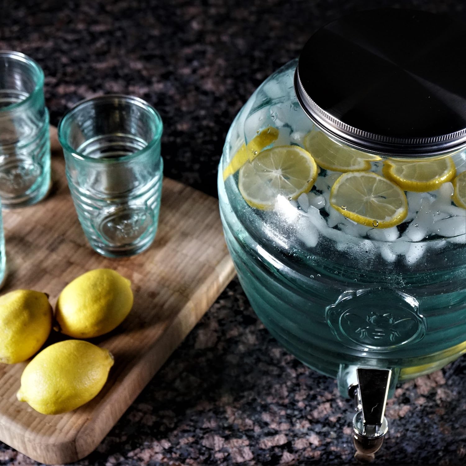 COURONNE CO.Bee Quenched Recycled Glass Beverage Dispenser, Clear with Honeybee Motif, Beehive Shape, Metal Spigot, Perfect for Hot & Cold Drinks, Large Capacity 270.5 oz