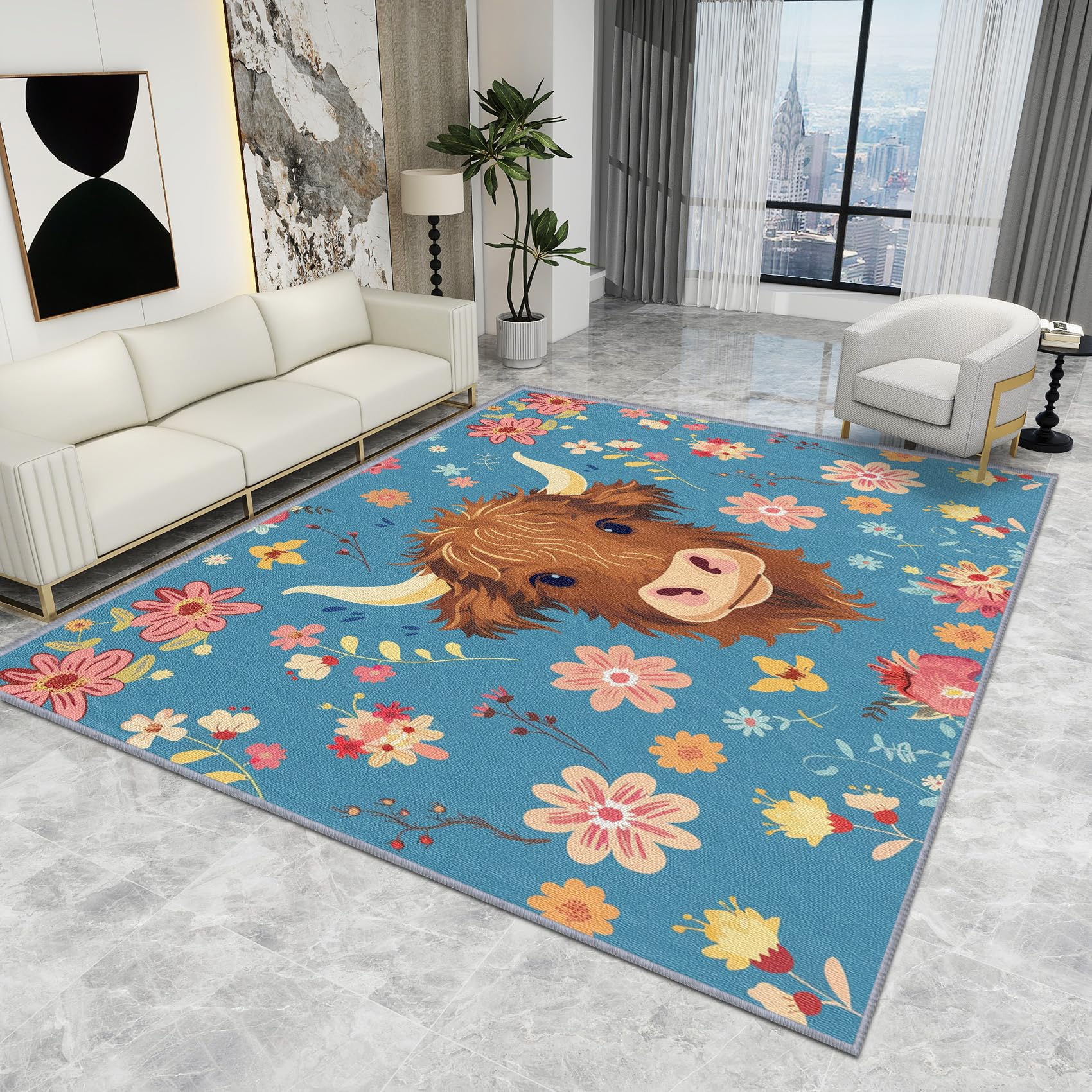 Highland Cow Rug Nursery - Highland Cow Rug - Cute Farm Animal Floral Rugs, Kids Nursery Baby Flower Carpet, Washable Rug Non Slip Low Pile Large Area Rugs, Highland Cow Home Decor Gifts, 120 X 180 cm