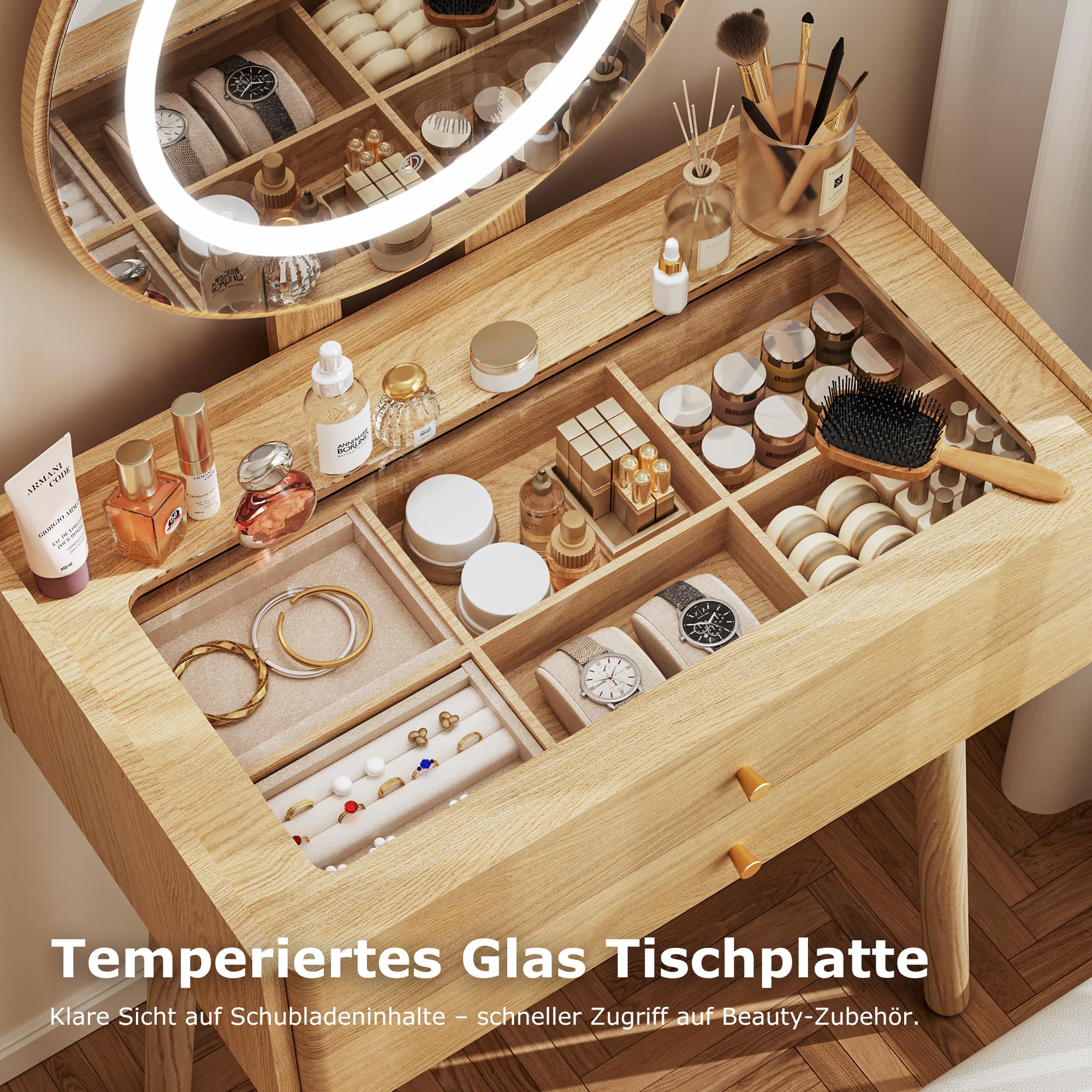 Pamapic Schminktisch, Schminktisch mit Verstellbarem LED Beleuchtung & Gepolstertem Hocker, Frisiertisch mit Sichtglasplatte Für Das Schlafzimmer, Natur