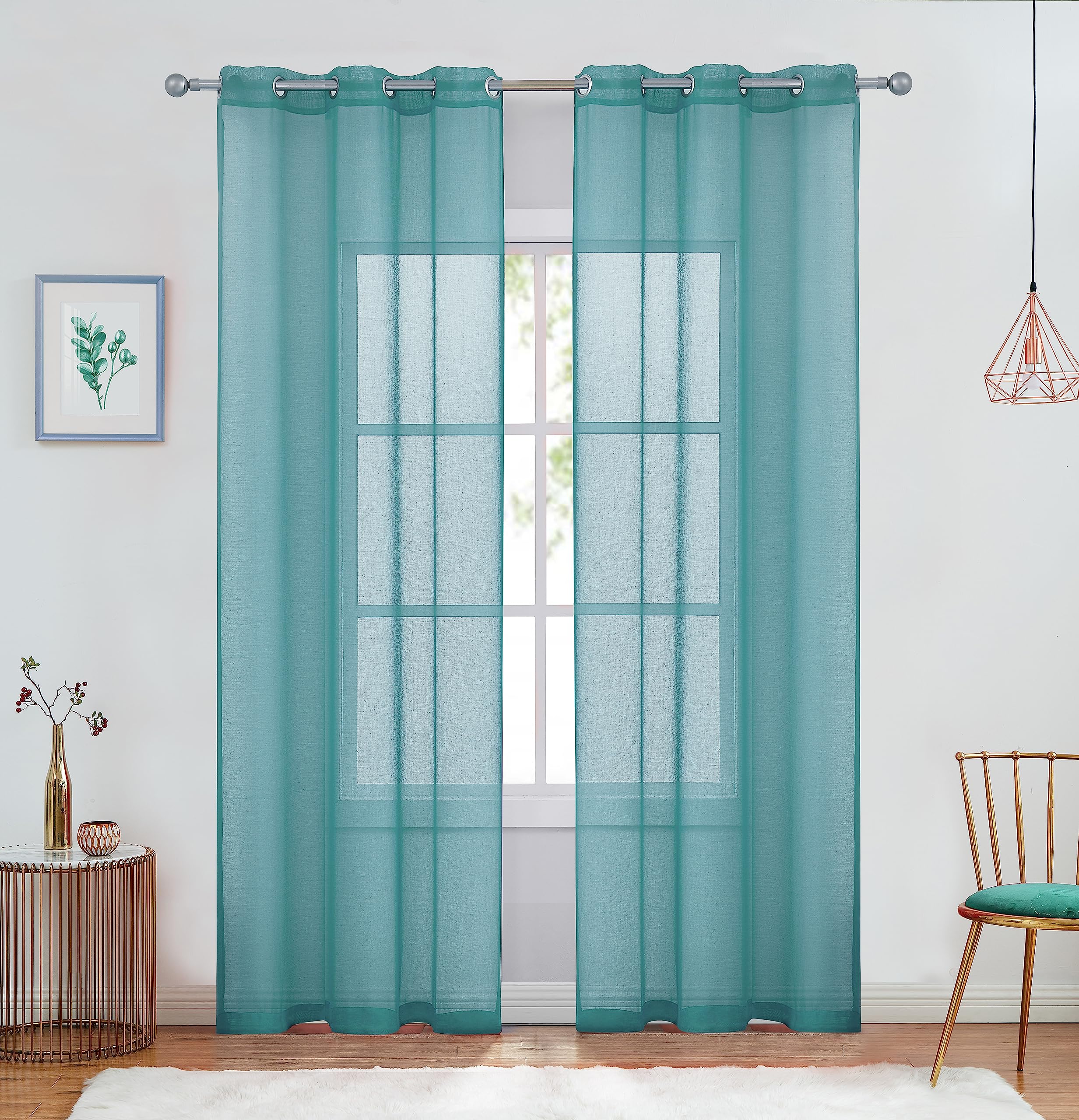July Joy Teal Semi Linen Look Sheer Curtains for Bedroom, Living Room Grommet Light Filtering Solid Voile Window Curtains, Set of 2 Panels, 42 x 84