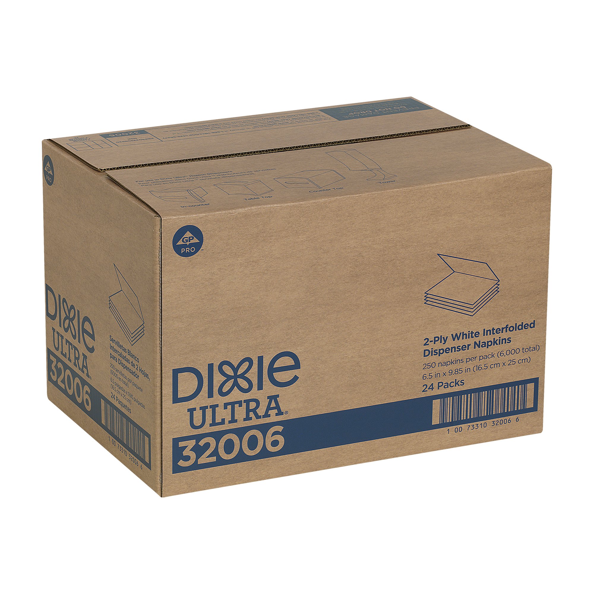 Dixie Ultra Interfold Dispensador de servilletas de 2 capas de repuesto por GP PRO, blanco, 32006, 250 servilletas por paquete, 24 paquetes por estuche