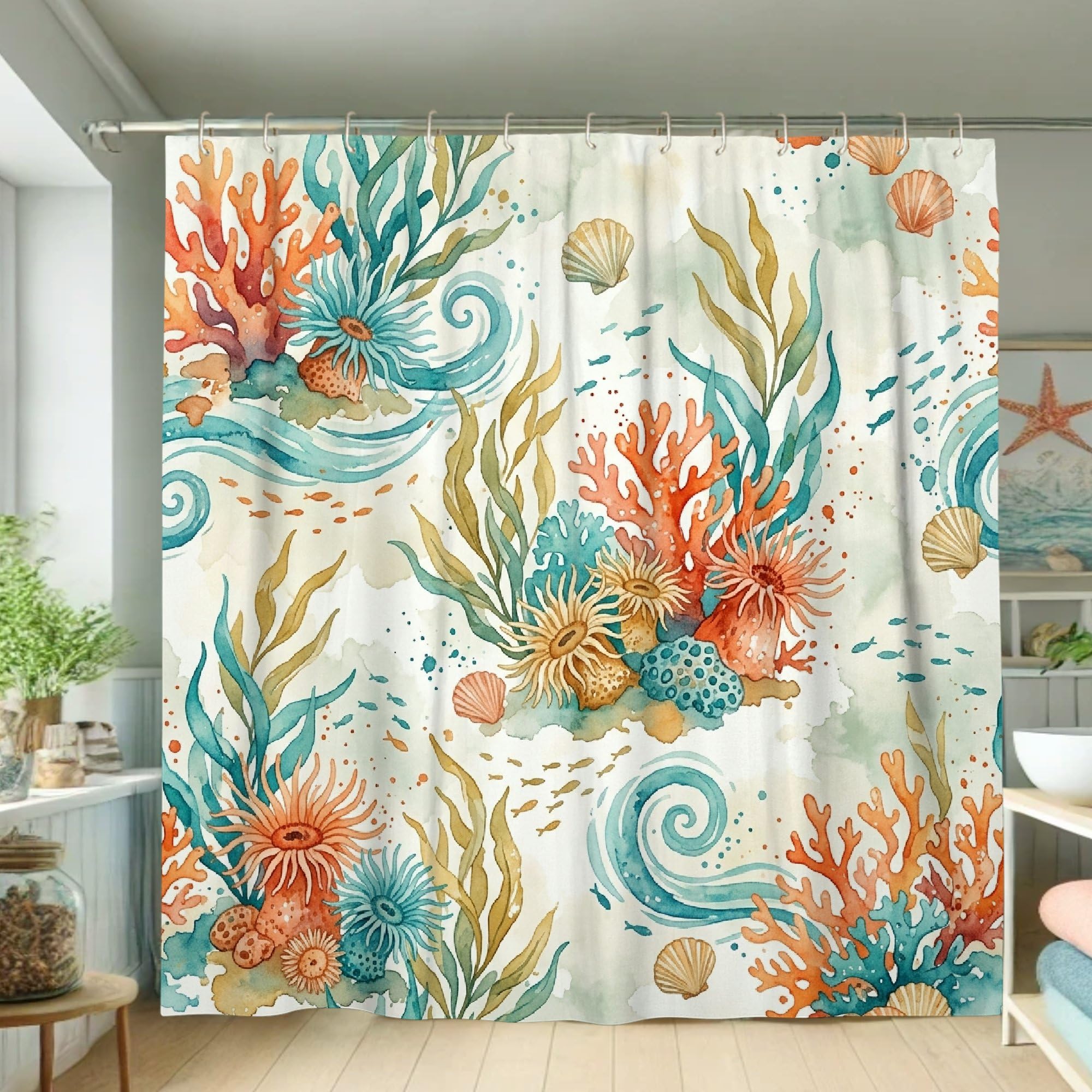Rideau de douche corail anti-éclaboussures motif coquillage bleu sarcelle