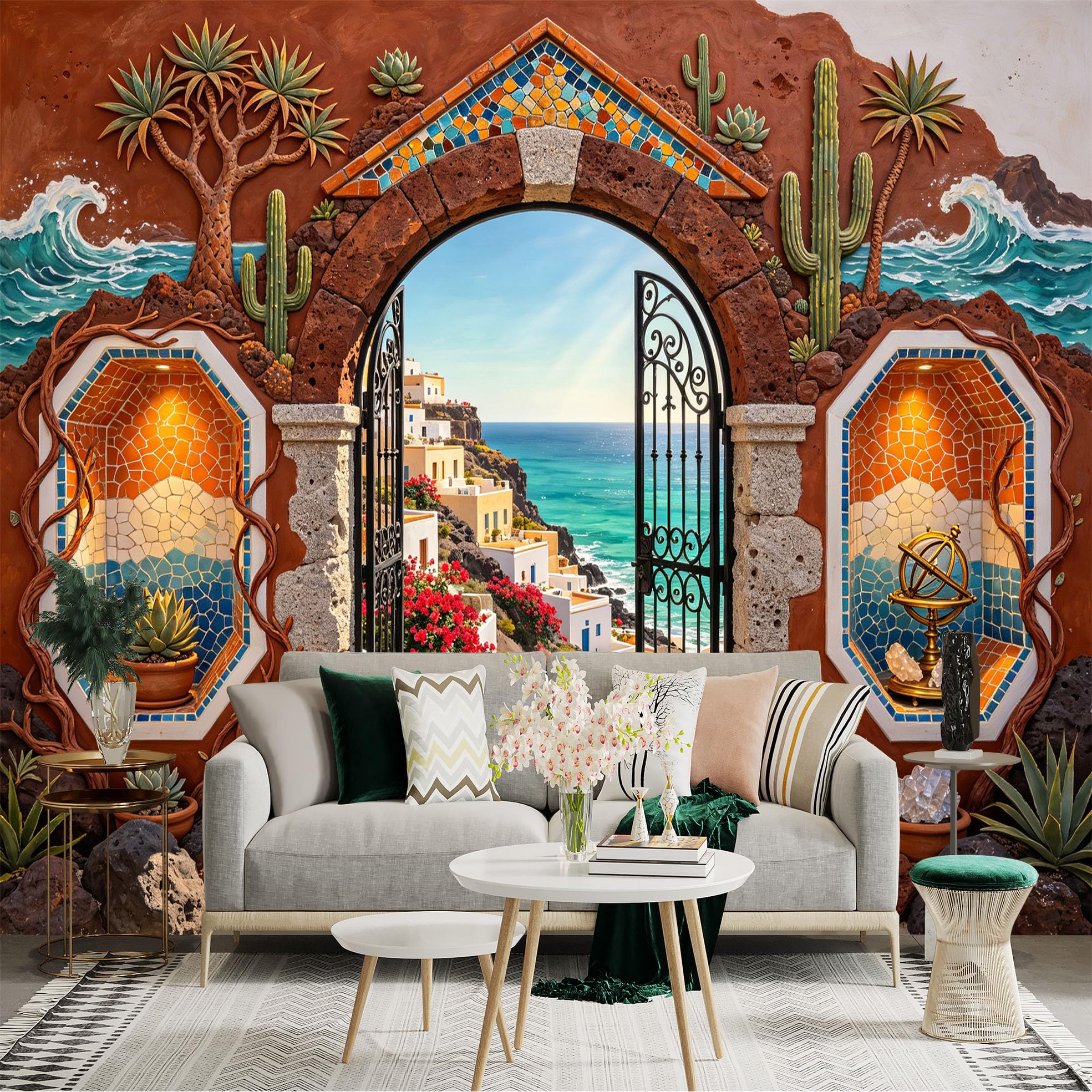 Custom Size Wall Sticker Mural， Mediterranean Coastal Archway， Ocean View， Mosaic Desert Cactus， for wall Decoration， peelandstick wall Decals.
