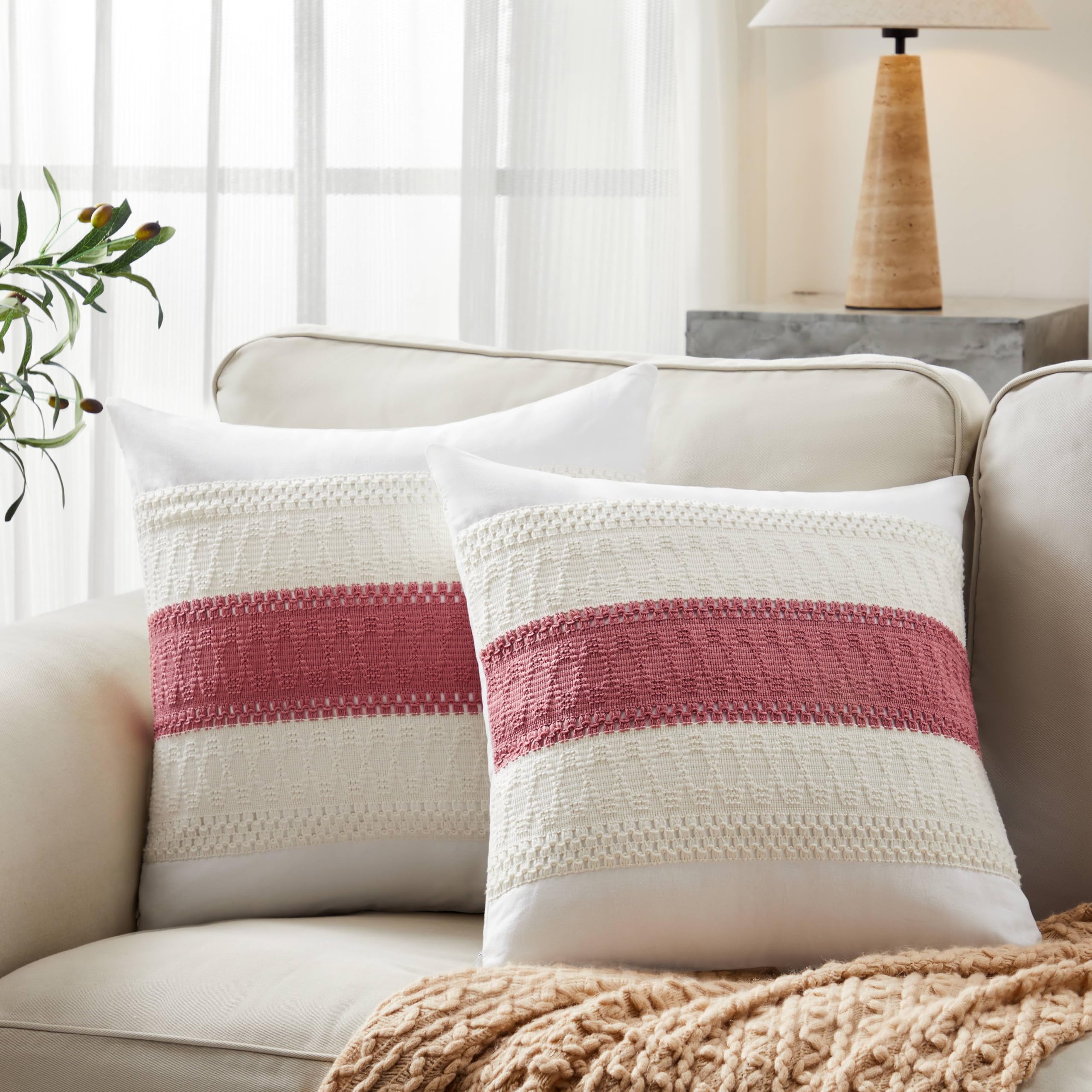 YZJZEDS Soft Cotton Boho Throw Pillow Covers Set of 2, Natural White/Contrast Dusty Pink 20x20 Inch, Pink Farmhouse Decorative Cushion Covers for Sofa