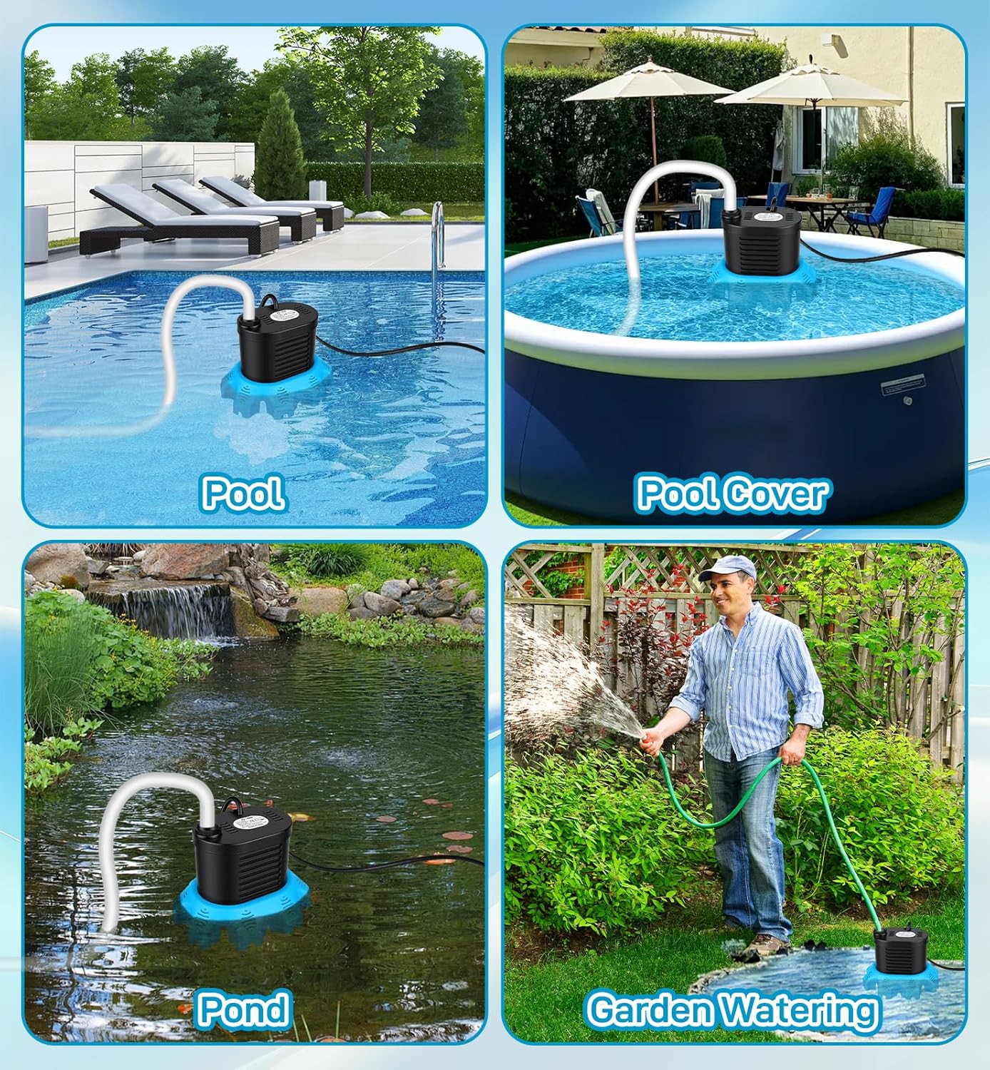 Pool Cover Pump, 850 GPH Submersible Water Pump for Above Ground Pool Draining, Sump Pump with 30inch Power Cord & 3 Adapters (1/2", 3/4", 1"), for Pool Covers, Hot Tubs, Flat Surface Water Removal