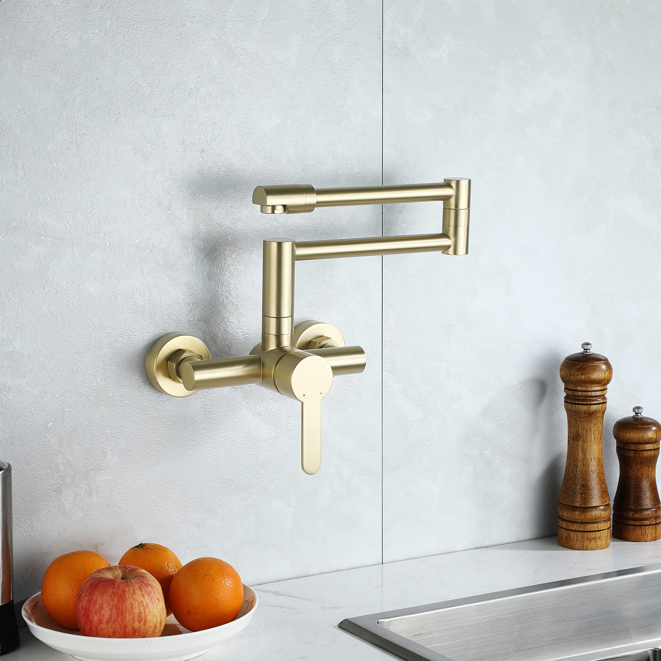 ESOP Robinet de Cuisine Or Brossé Laiton Robinet Mitigeur Mural Monocommande avec Bras Oscillant et Chaude et Froide Réglable Robinet Évier Rotatif à 360° pour Salle de Bain et Cuisine