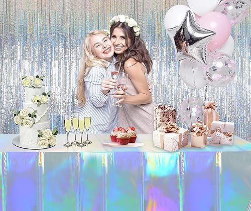 Miniatura 3 de Melsan Cortina de fondo de oropel plateado con flecos, 3 paquetes y mantel iridiscente, 3 paquetes para decoración de fiesta de cumpleaños, baby