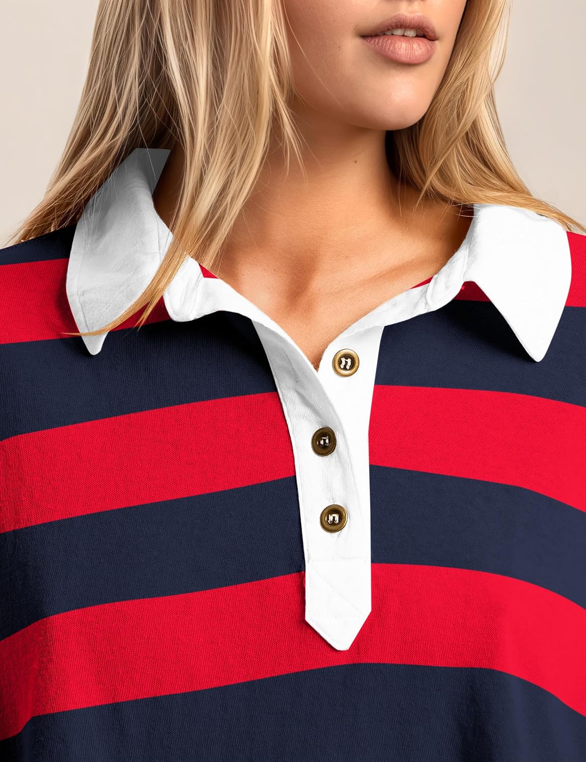 Meladyan Women's Oversized Striped Polo Shirt 3/4 Sleeve Cropped Boxy Tees Side Split Button Front Lapel V Neck T-Shirts