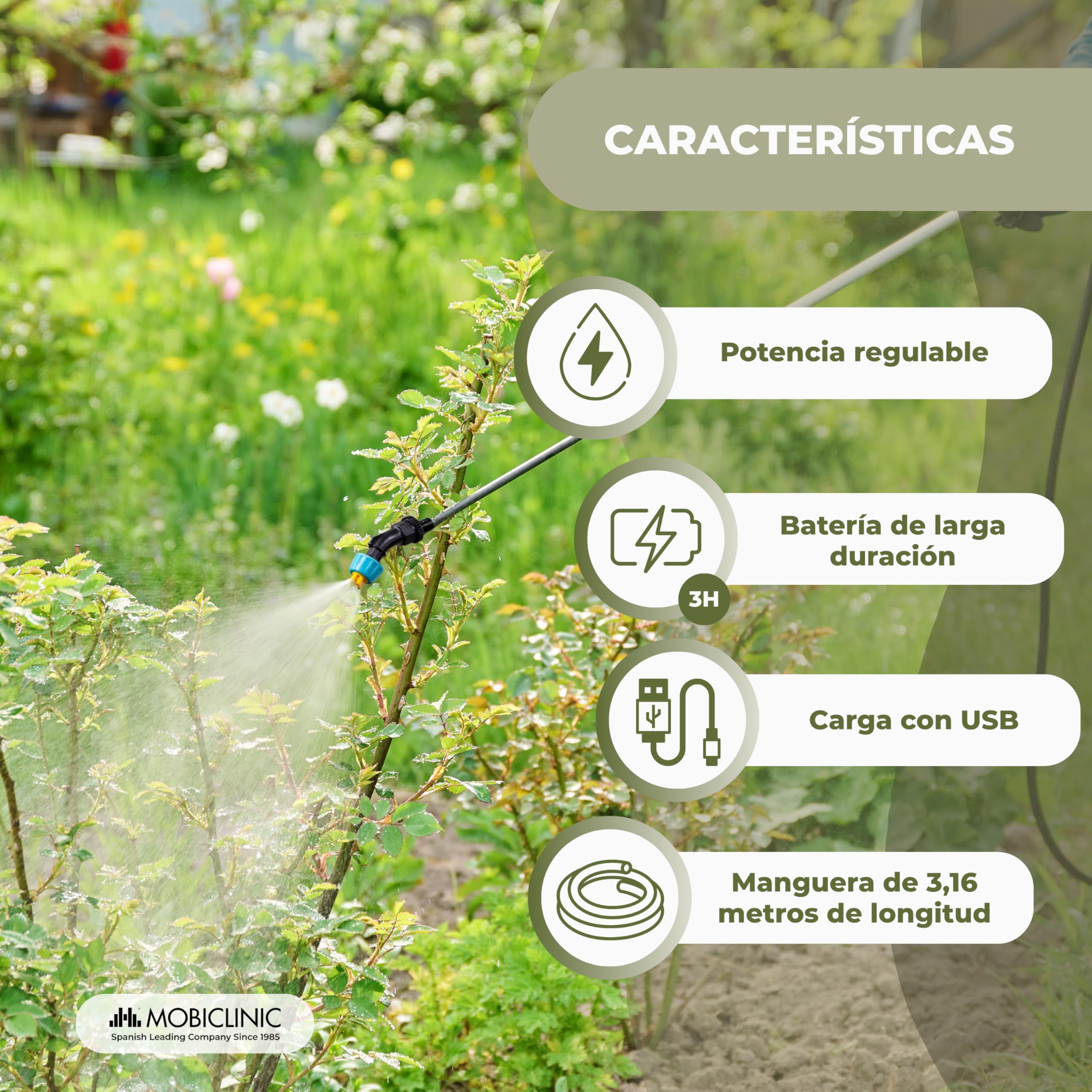 Mobiclinic®, Pulverizador Eléctrico, Manguera 3M, 4 Boquillas Intercambiables, 2 Potencias, Autonomía 2 a 3h, Varilla Extensible 60-85 cm, Carga USB, Mango Ergonómico, Riego y Limpieza, Profumig