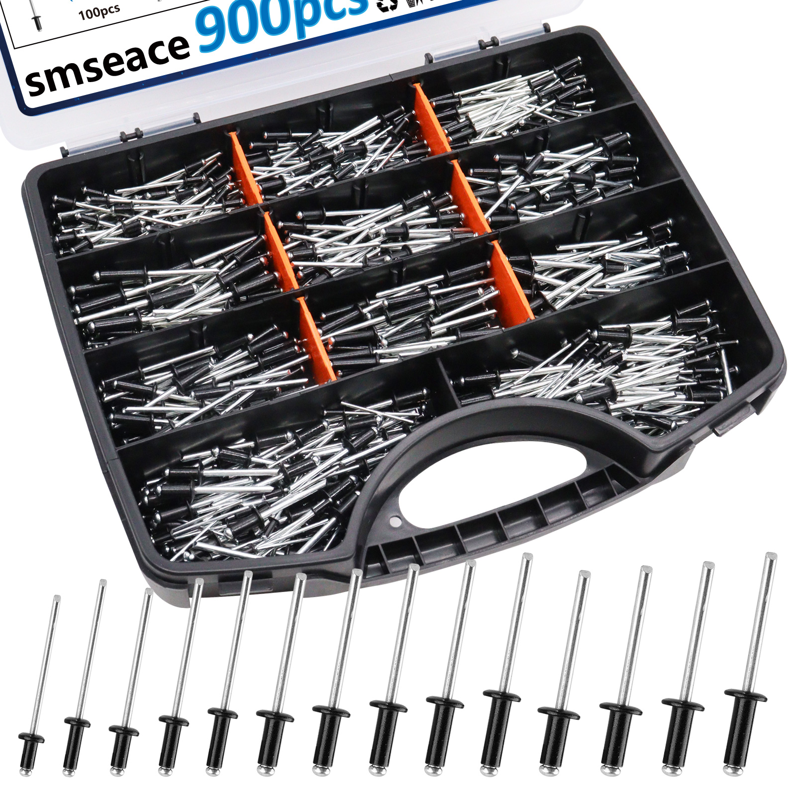 Image of smseace 900Pcs Black Rivets Assortment Kit Packed in Handheld Box 14-Sizes (3 /32 inch1 /8 inch5 /32 inch3 /16 inch) Assorted Blind Rivets for Metal,Furniture,Automotive,Instrument