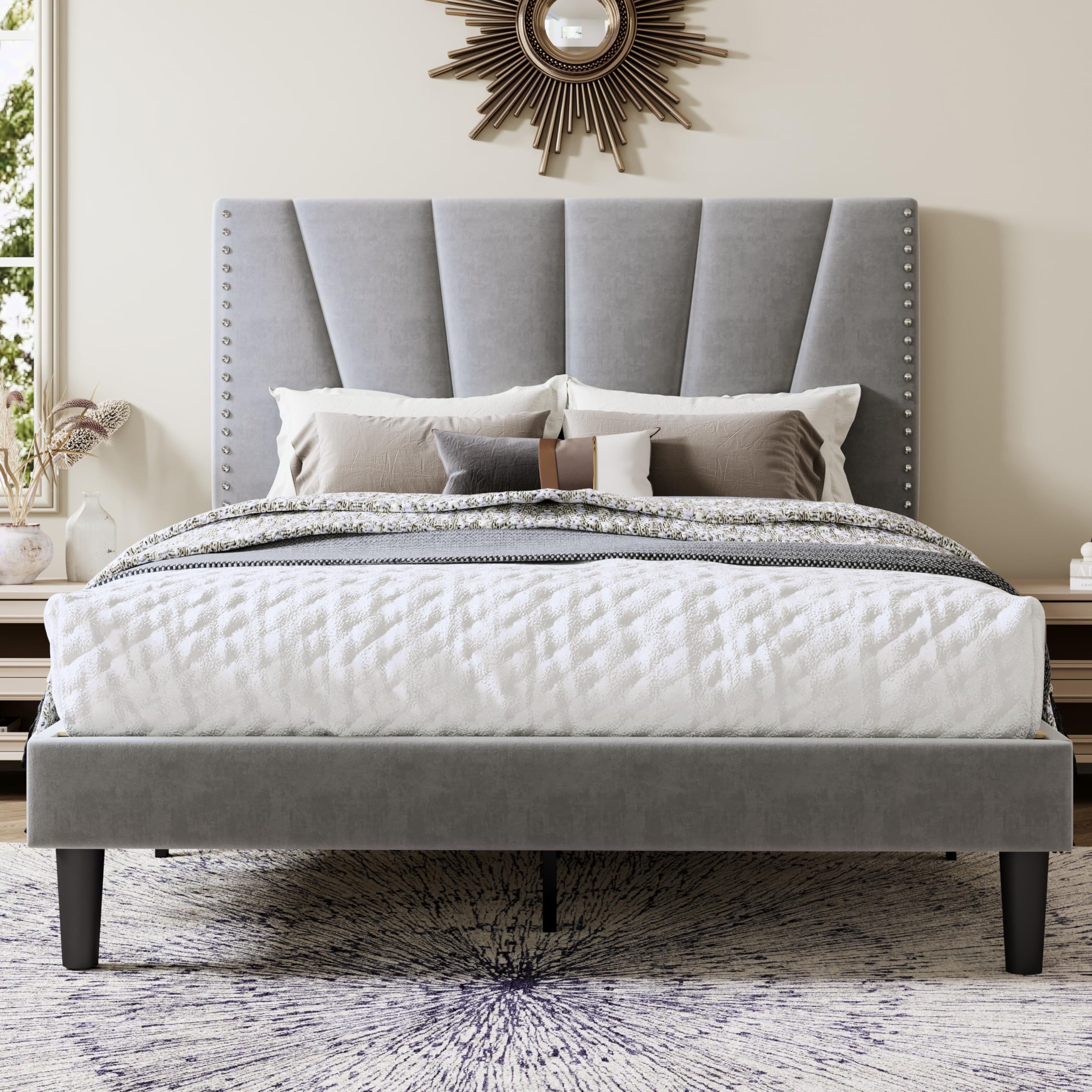 Allewie Full Size Velvet Platform Bed Frame with Adjustable Headboard, Grey