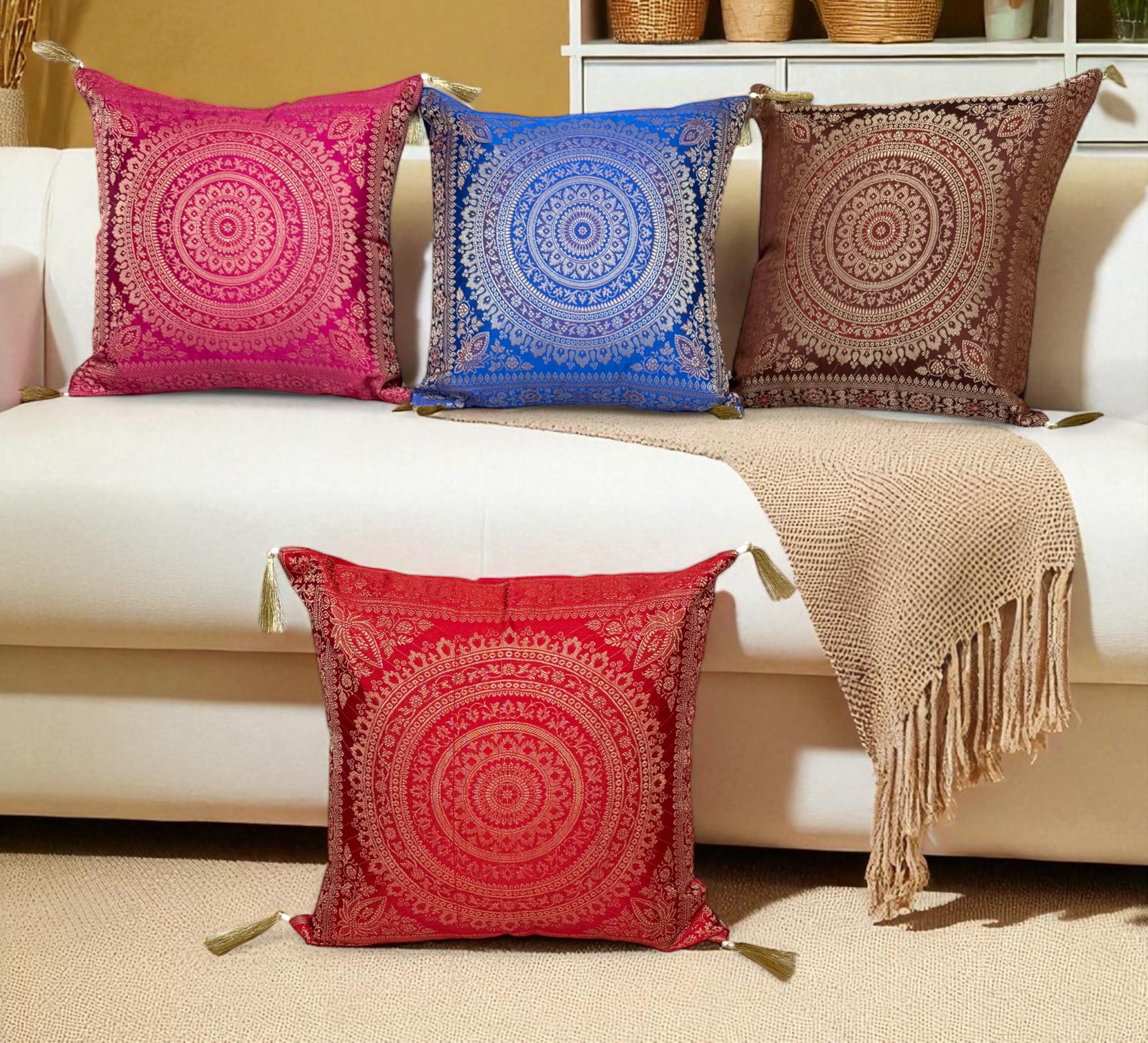 Set Of 4 Boho Throw Pillow Covers (16x16 Inches) – Colorful Brocade Silk Ethnic Decorative Cushions For Sofa, Couch, And Bed – Bohemian, Indian & Moroccan Inspired Home DéCor For Living Room