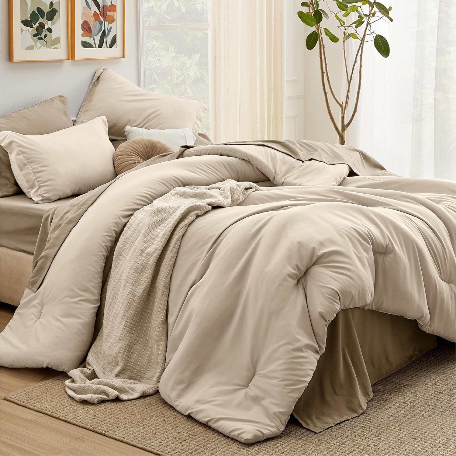 Bedsure King Size Comforter Set - 7 Pieces Light Beige King Bedding Set for All Seasons, Boho Contrasting Design Bed in a Bag with Comforter, Sheets, Pillowcases & Shams