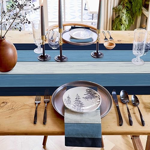 Miniatura 6 de Camino de mesa azul cielo y blanco, mantel de lino de algodón de granja para decoración de mesa de verano para el hogar, cocina, comedor, interior,