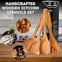 Vista 7 de Juego de 6 cucharas y utensilios de madera para cocinar, herramientas de cocina de madera de teca de acabado liso con agarre cómodo, cucharas