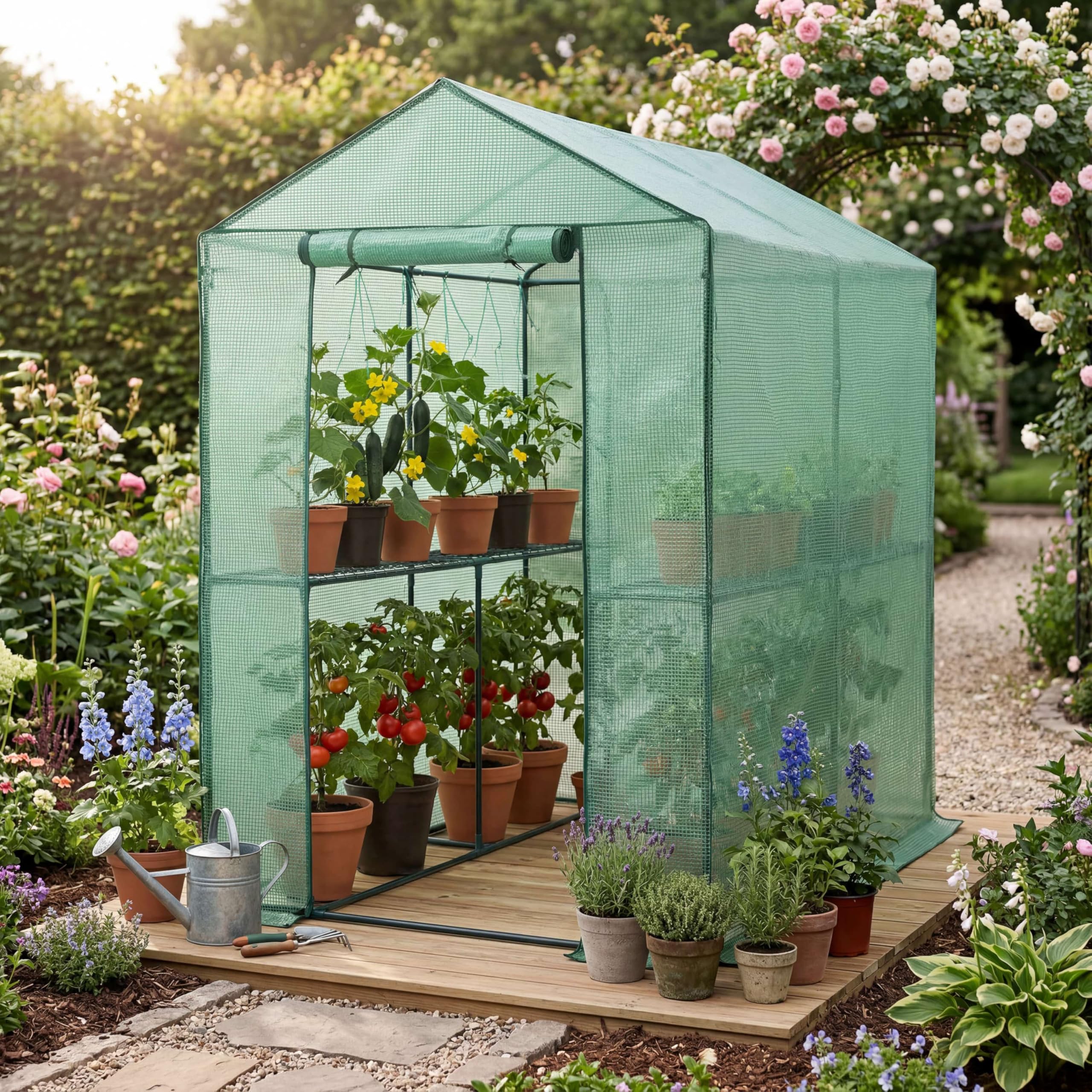 Gardebruk® Gewächshaus 190x186x120 cm Tomatengewächshaus Begehbar mit 4 Ablagen Foliengewächshaus Treibhaus mit Aufrollbarer Tür für Garten & Balkon Stabil, UV-beständig, Grün