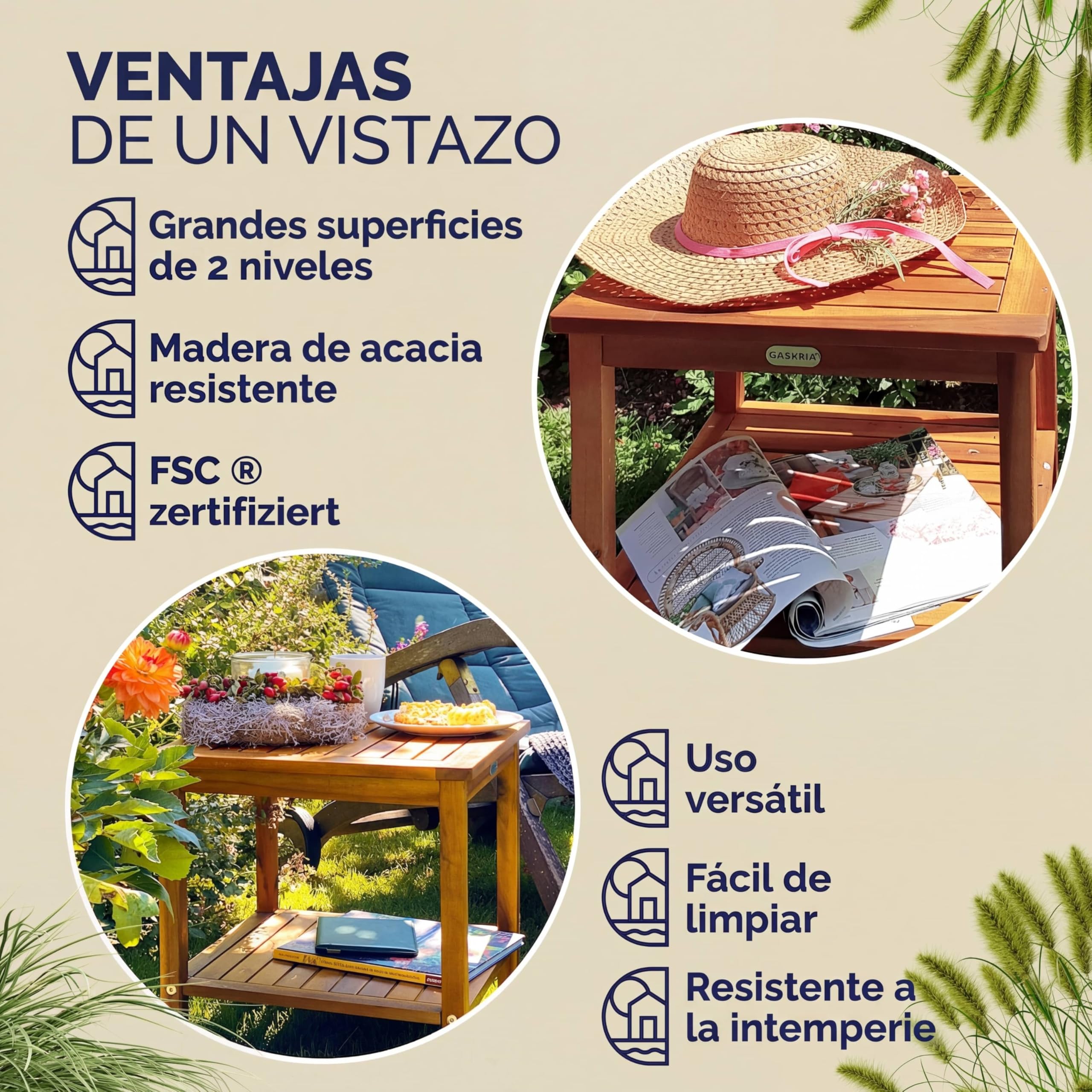Casaria® Mesa Auxiliar Madera Acacia 2 Estantes Mesita Jardín 45x45x45cm Resistente Intemperie Capacidad Carga hasta 80 Kg Mueble Exterior Interior Terraza Balcón