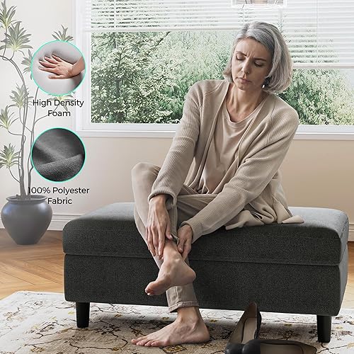 Miniatura 6 de LINSY HOME Banco otomano de almacenamiento de 46 pulgadas de ancho, mesa auxiliar de lino, banco largo plegable para zapatos, baúl de