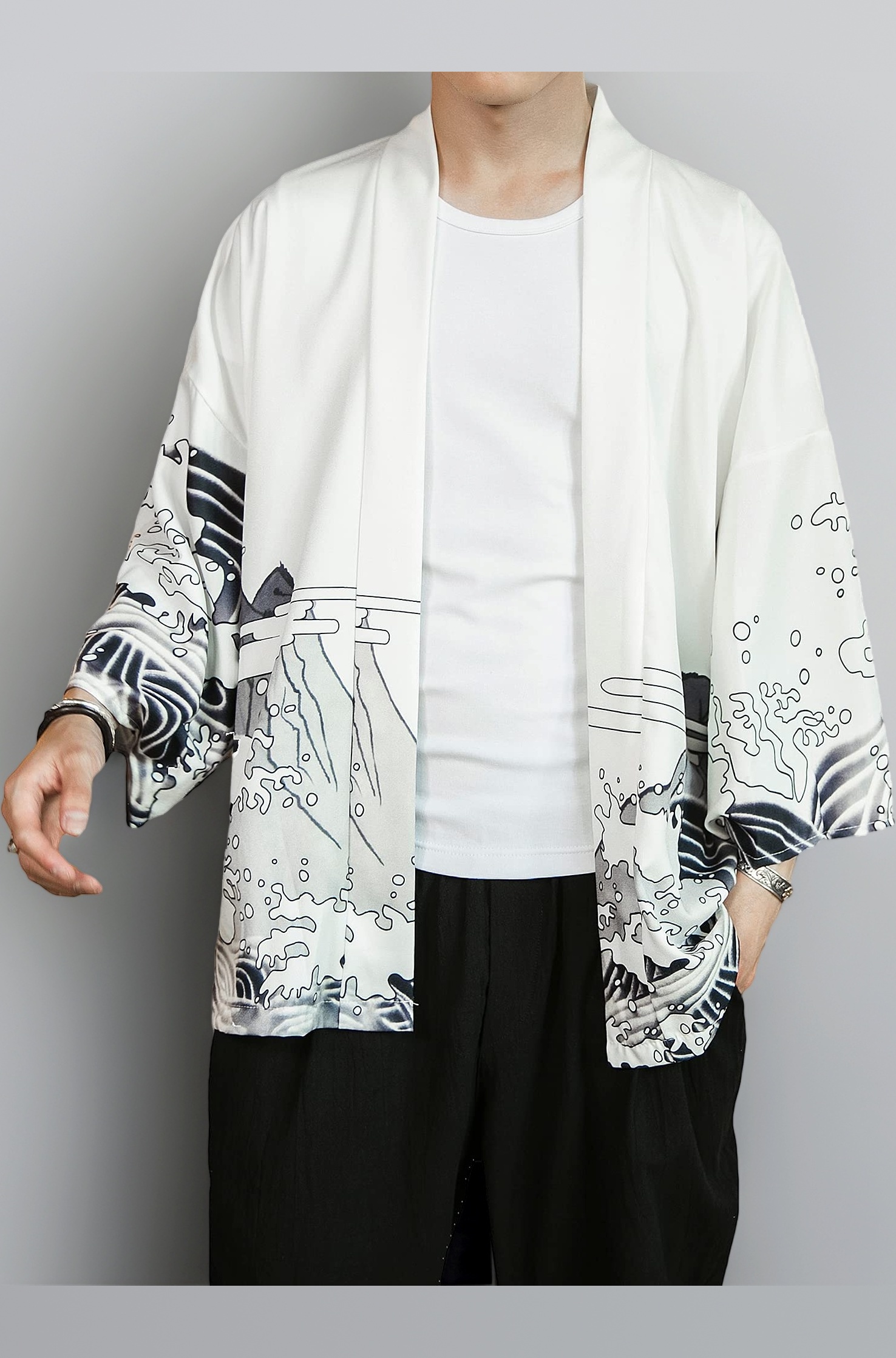 Men's Kimono Cardigan Jacket Japanese Style Flying Crane Seven Sleeves Open Front Coat