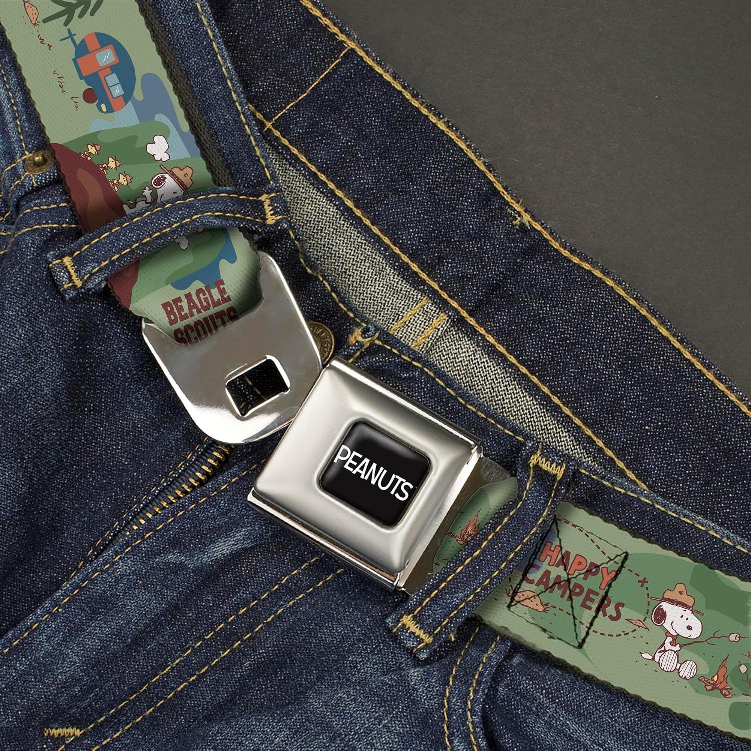 Peanuts Belt, Seatbelt Buckle Belt, Peanuts Happy Camper Beagle Scouts Scenes, Adjustable