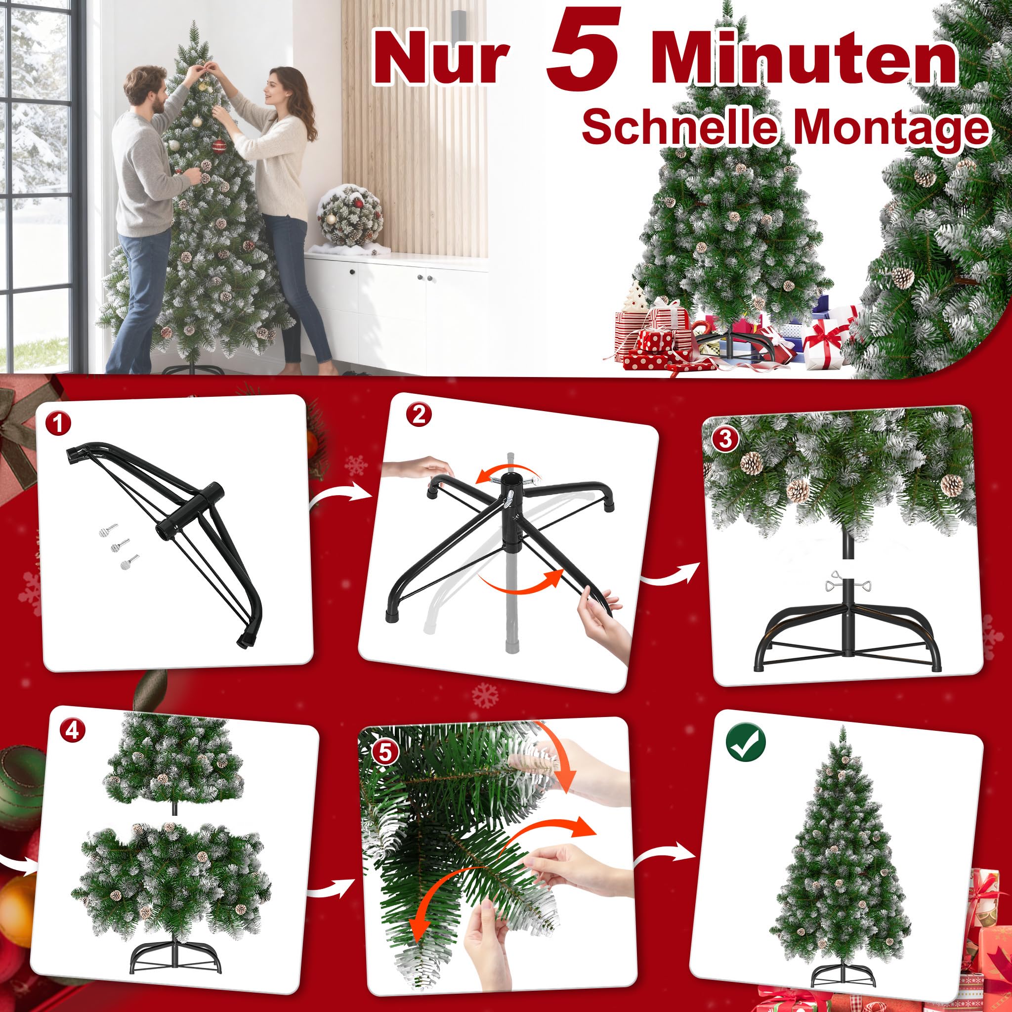 Froadp 180cm Árbol de Navidad Artificial con Soporte Estable y 500 Ramas de Simulación Tradicional para Navidad Decoración de Fiesta de Manualidades(PVC con Efecto Nieve)
