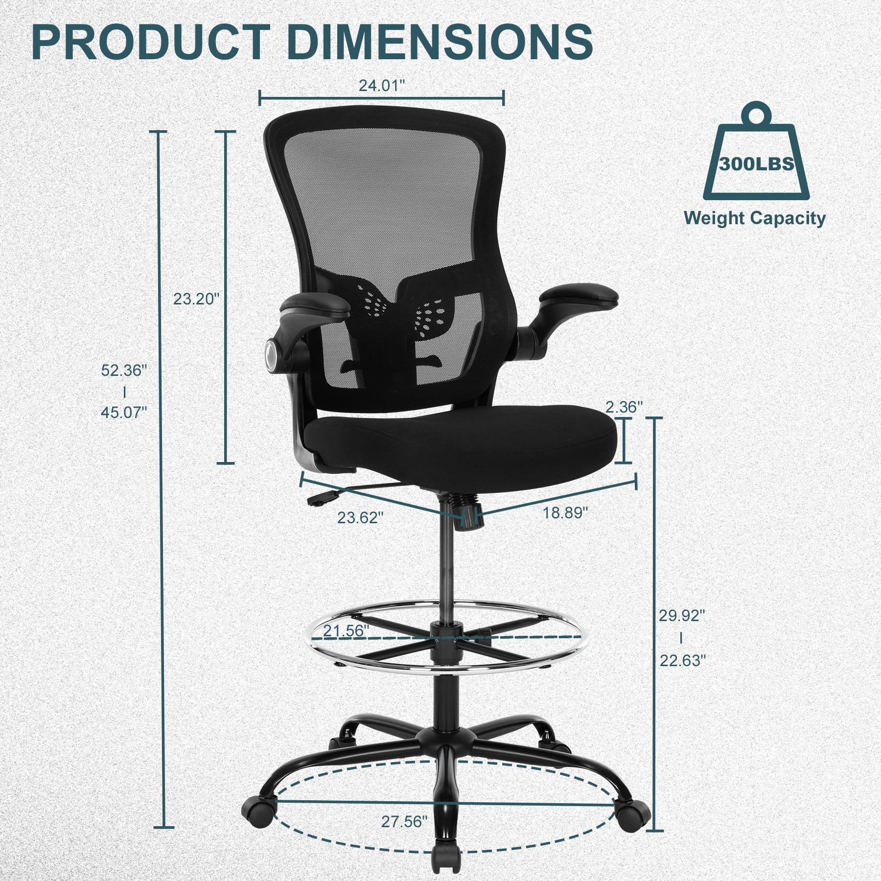 Ergonomischer Zeichenstuhl - Hoher Bürostuhl für Stehpult, Höhenverstellbarer Netzstuhl mit Fußstütze und Klapparmen, Thekenhöhe, Schwarz