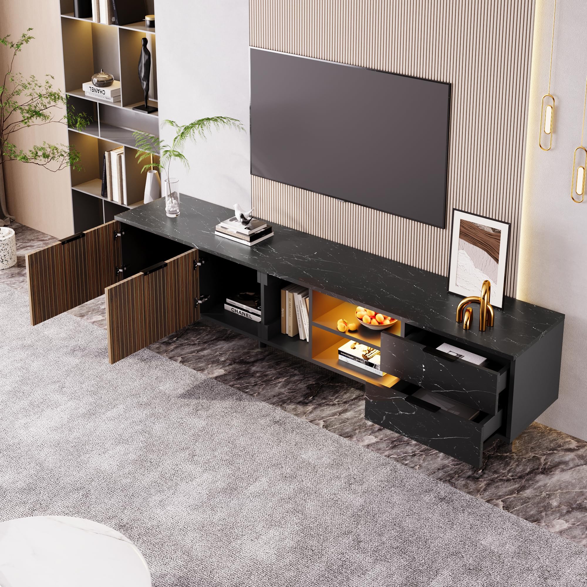 Mueble para TV con aspecto de mármol negro, puertas de vetas de madera oscura, iluminación LED ajustable, dos puertas y dos cajones, 200 x 50 x 38 cm