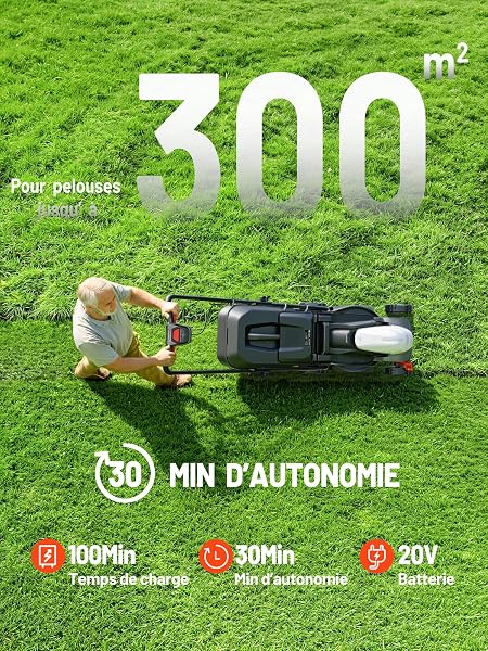 Tondeuse à gazon sans fil 33 cm, moteur brushless, batterie 5,0 Ah, hauteur 25, 65 mm, bac 35 L
