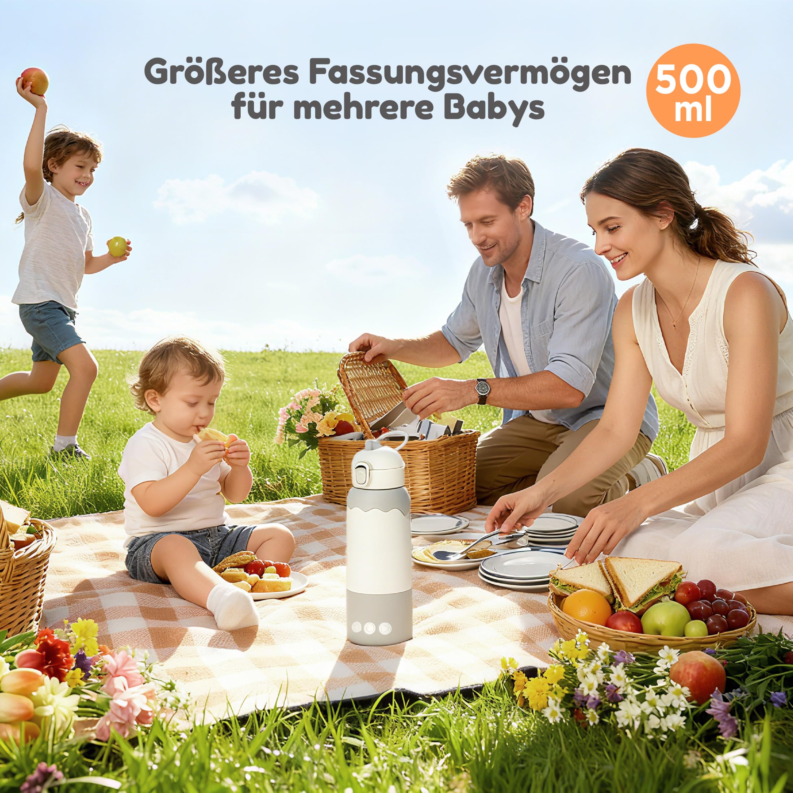 Tragbarer Flaschenwärmer Baby Unterwegs, 500ml Kabellos für Reise | manuelle temperatur 37-55°C, edelstahl 316, 4x2700 mAh akku, schnelles aufheizen, abnehmbarer becher, sterilisator funktion