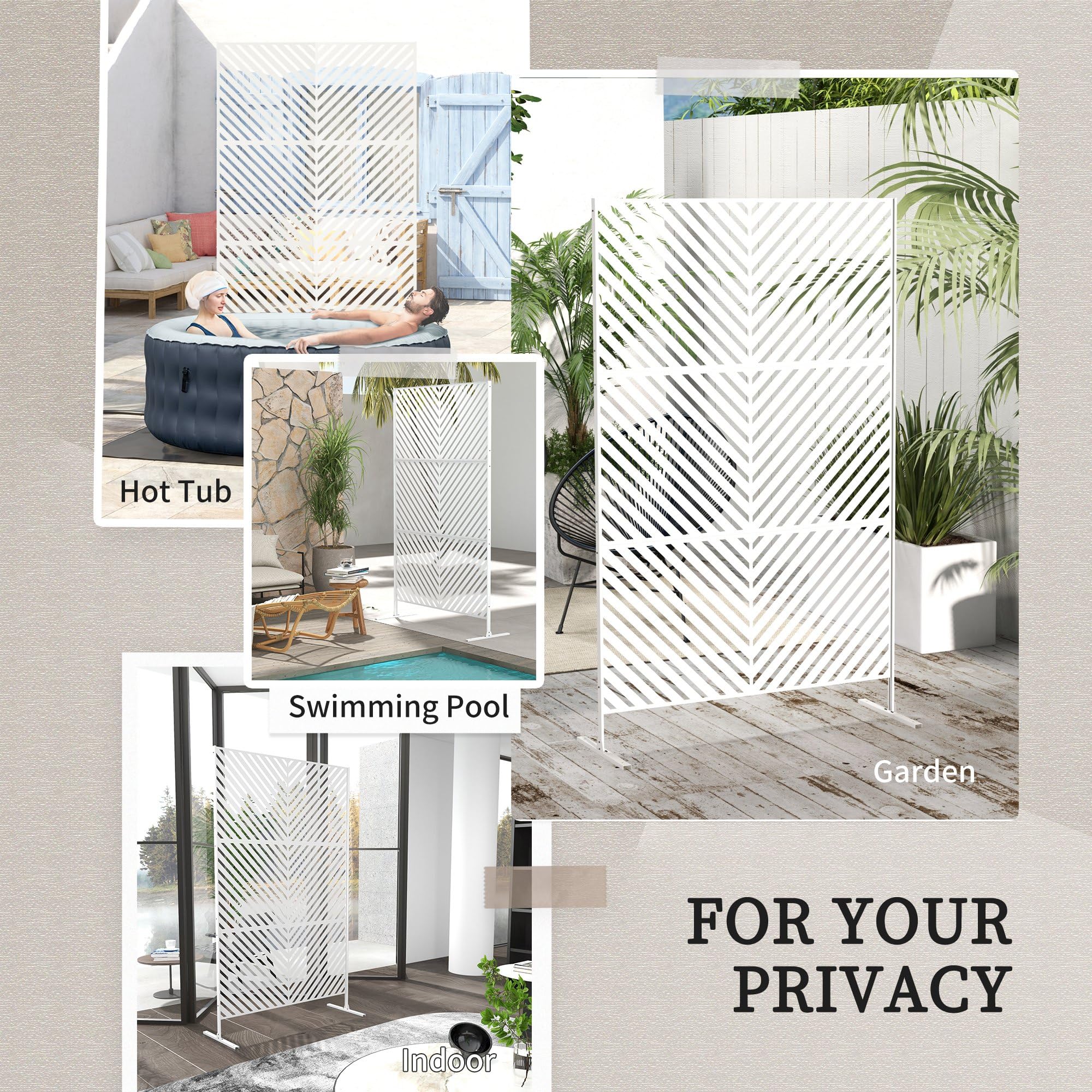 Outsunny Biombo de Exterior Separador de Ambientes 122x45x198 cm Blanco | 3 Piezas, Patrón de Triángulo Invertido, Marco de Acero, Pantalla de Privacidad, para Patio Terraza Jardín