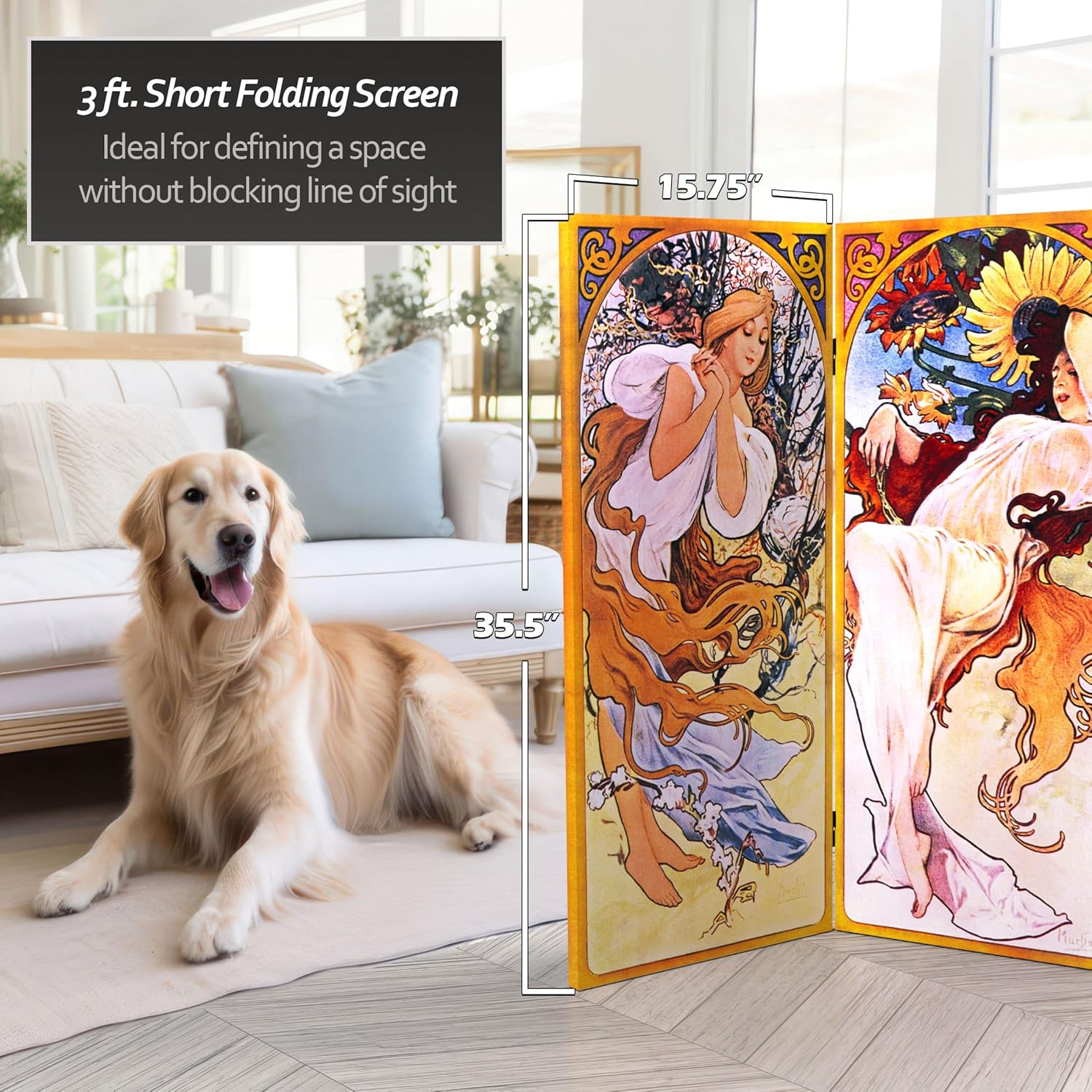 Red Lantern 3 ft. Short Double Sided Four Seasons Canvas Folding Screen 4 Panel Freestanding Partition and Separator for Modern and Contemporary Bedroom, Home Office, Studio, Dorm, Apartment