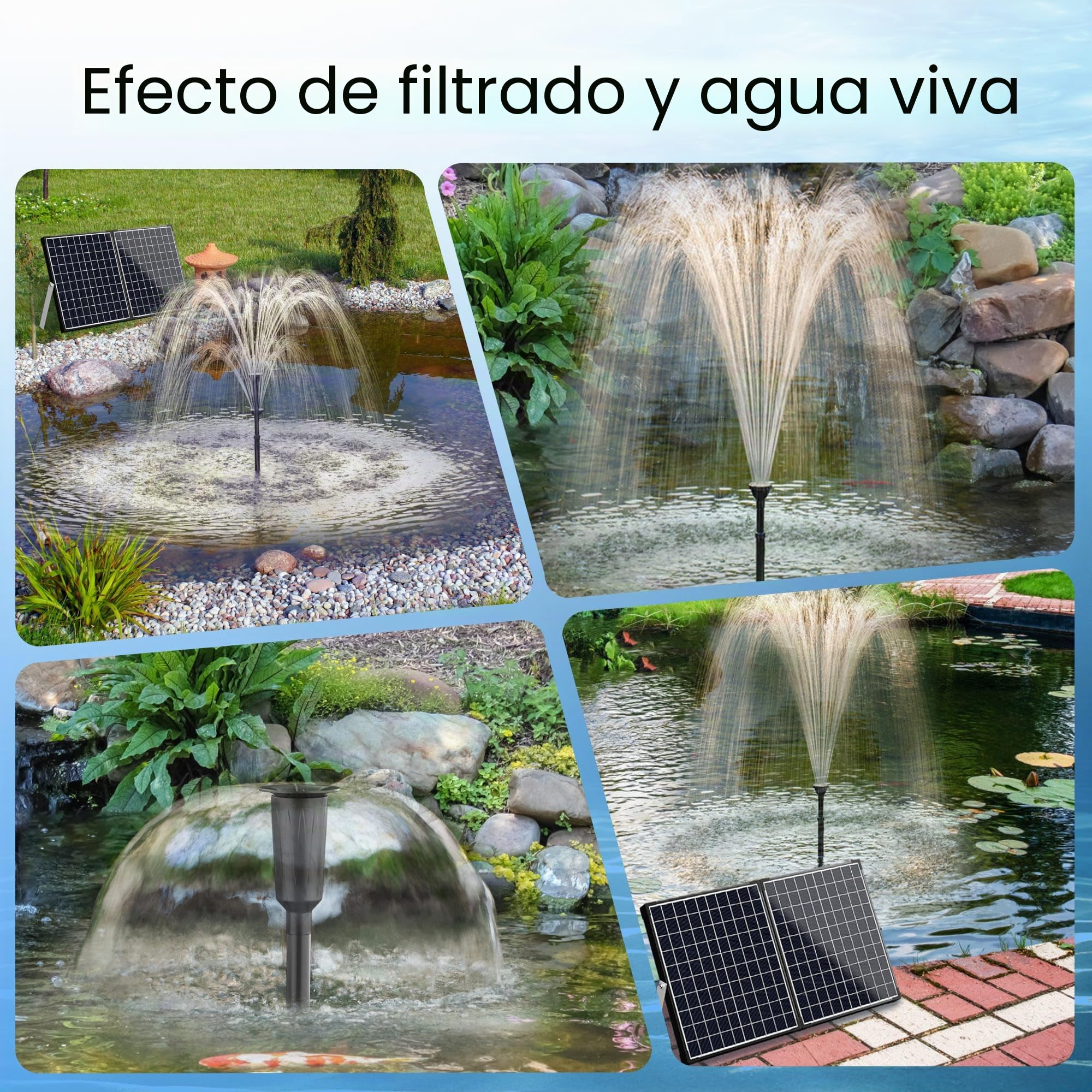 Biling 50W Bomba de filtro solar para estanque con filtro 2100 L/H Bomba de filtro solar para estanque con 3 boquillas y regulador de flujo 8m de cable para estanque de jardín Pequeño estanque de