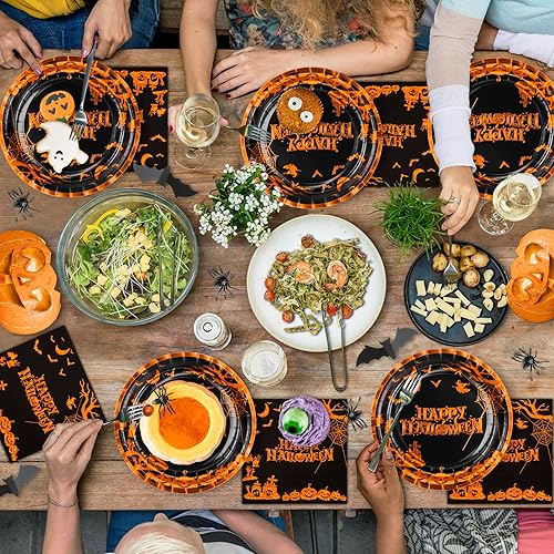 Miniatura 6 de DYLIVeS Platos y servilletas de Halloween, suministros para fiesta, platos y servilletas de calabaza de Halloween, cementerio, murciélagos y