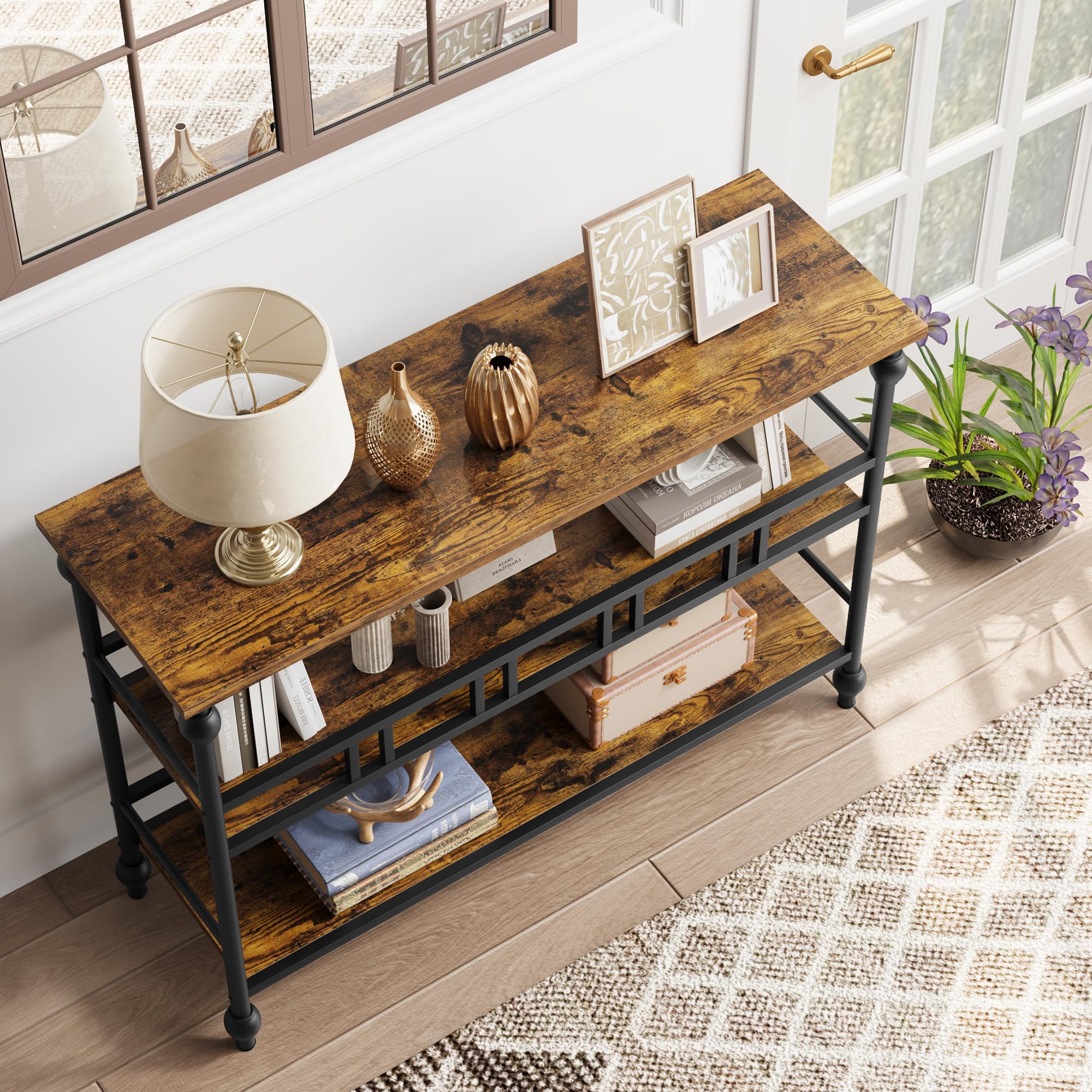Mesa consola estrecha 43" - 3 niveles con estantes - Mesa auxiliar para entrada, detrás del sofá o pasillo - Estilo rústico con almacenamiento - Ideal para salón, dormitorio y recibidor - clásico