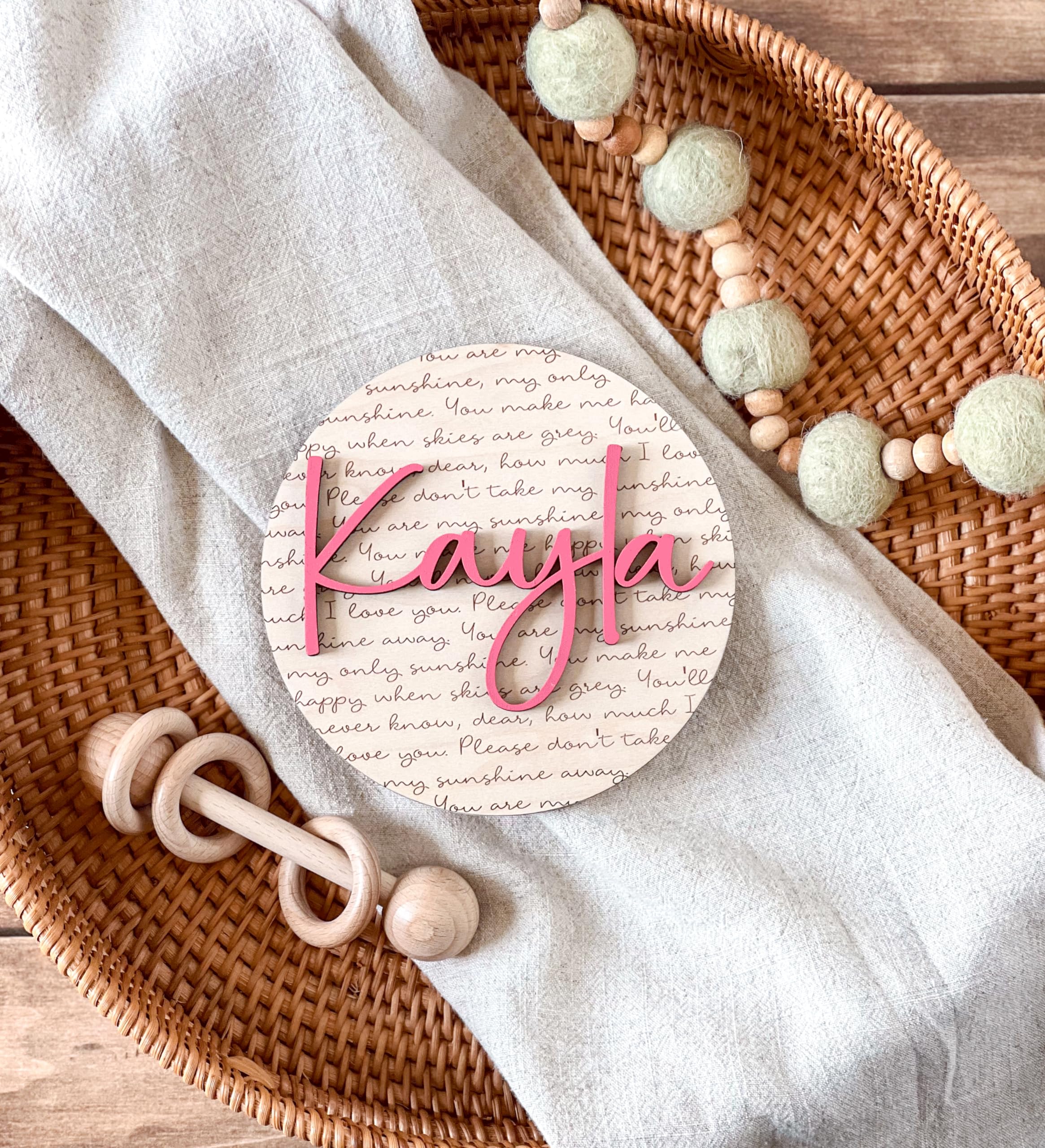 Personalized Baby Shower Gift, Custom Engraved Birch Wood Sign, Round Nursery Decor with Child's Name, You Are My Sunshine Lyrics