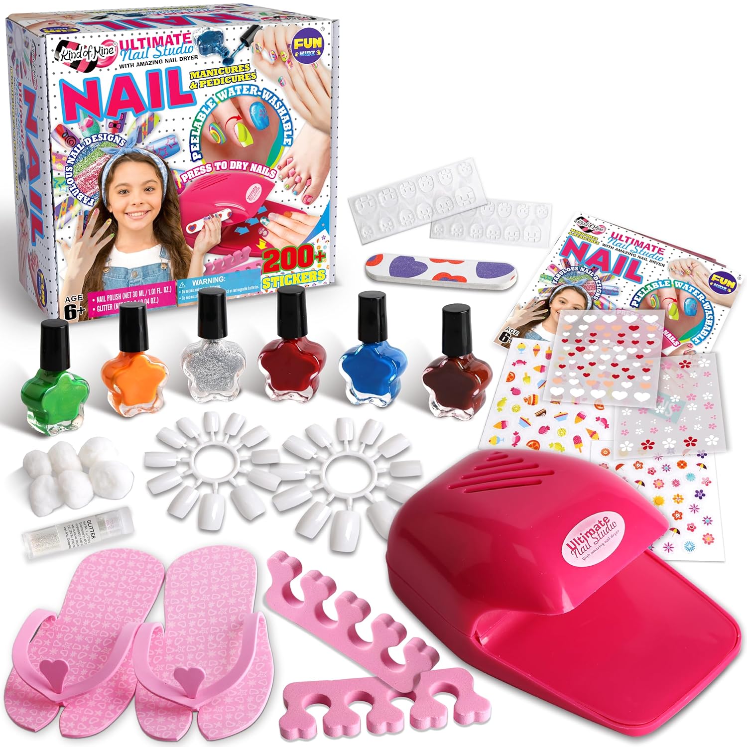 Kid Nail Art Kit for Girls, FunKidz Nail Studio Kits Size 17.91Wx12.4L with Peelable Nail Polish Nail Dryer Teens Makeup Mani Pedi Set Spa Party Gift